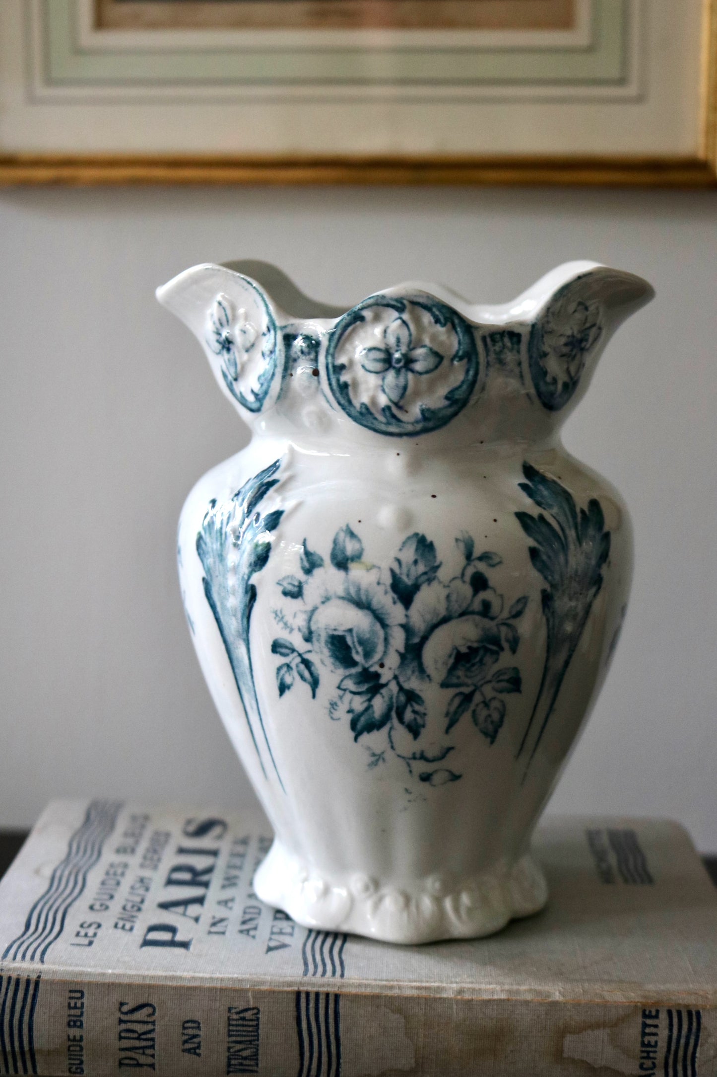 antique English blue transferware vessel / vase / toothbrush holder