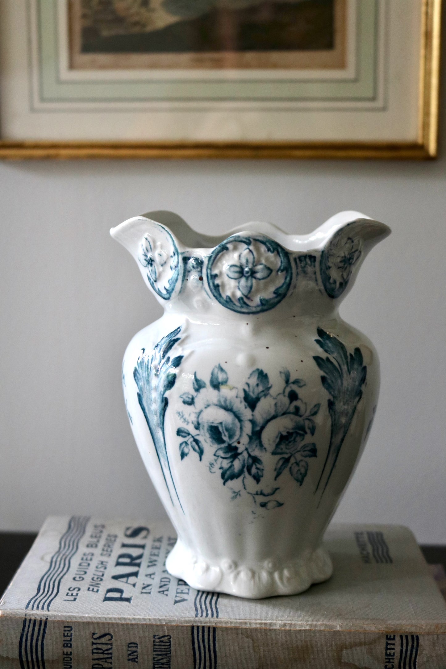 antique English blue transferware vessel / vase / toothbrush holder