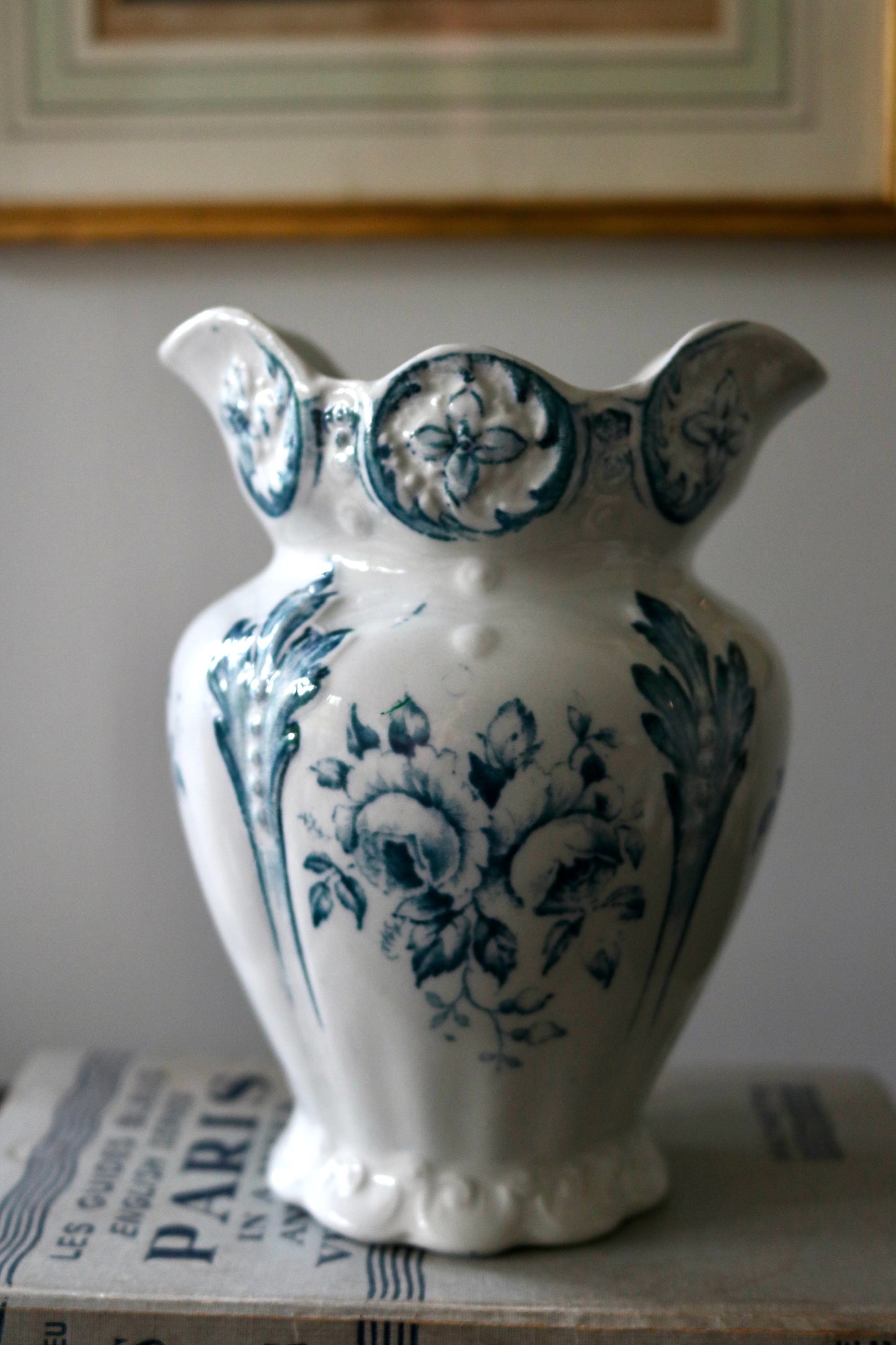 antique English blue transferware vessel / vase / toothbrush holder