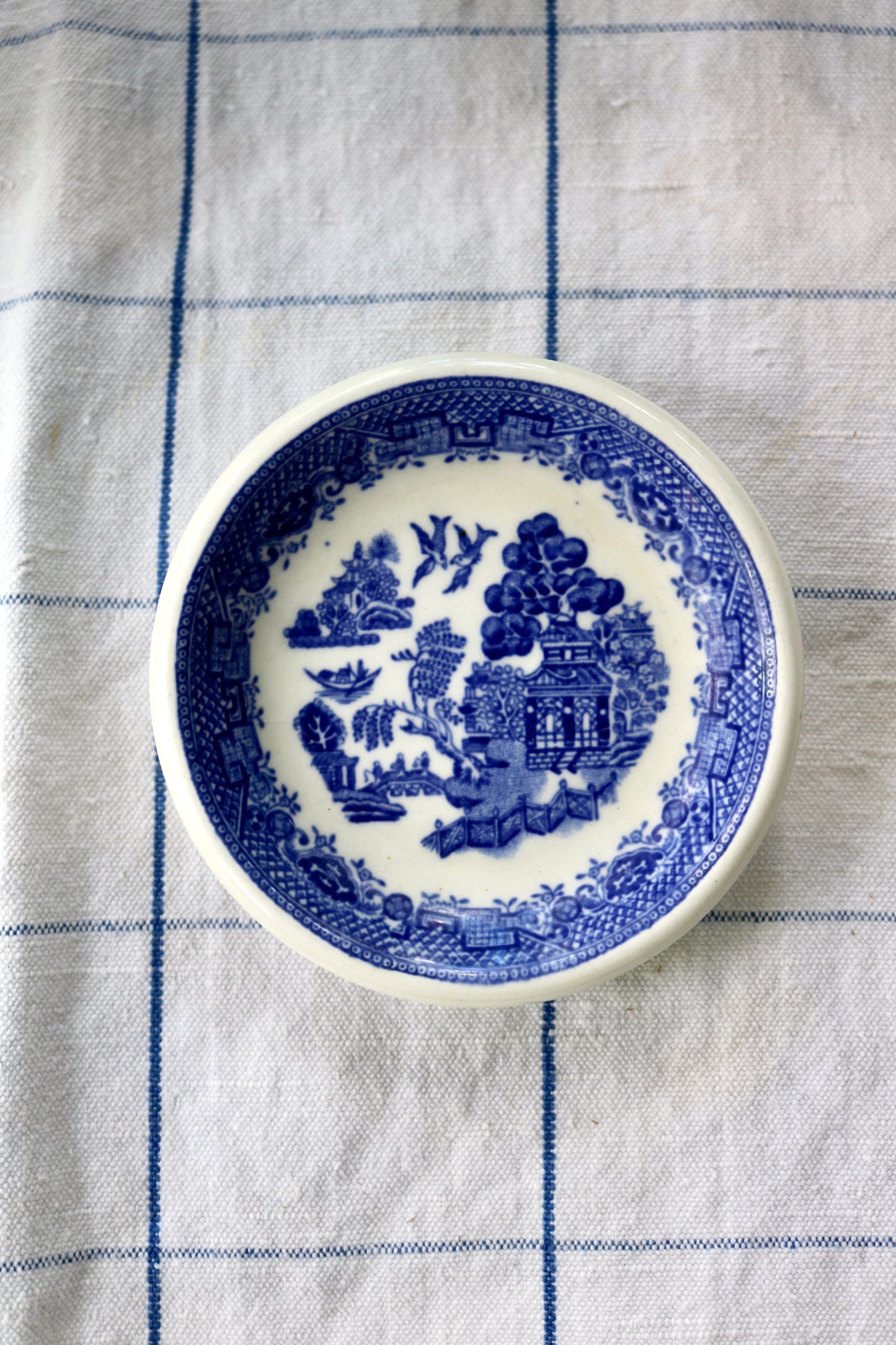 Blue and white Willow English transferware butter pat dish, set of 2