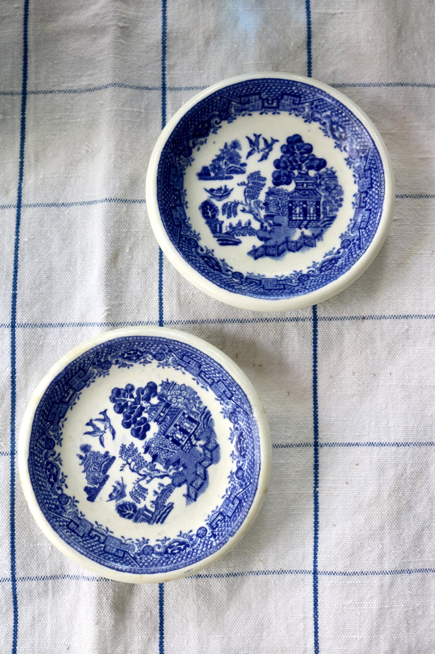 Blue and white Willow English transferware butter pat dish, set of 2