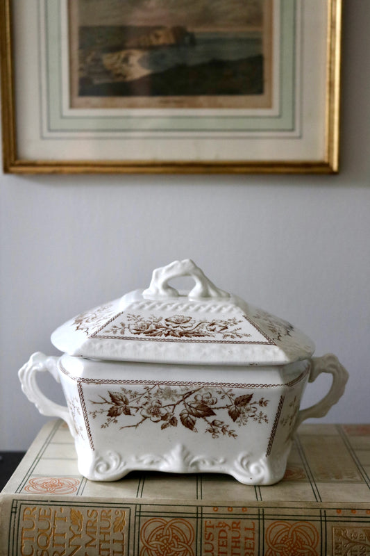 antique English ironstone brown transferware serving dish