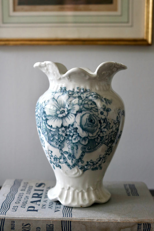 antique English blue transferware vessel / vase / toothbrush holder