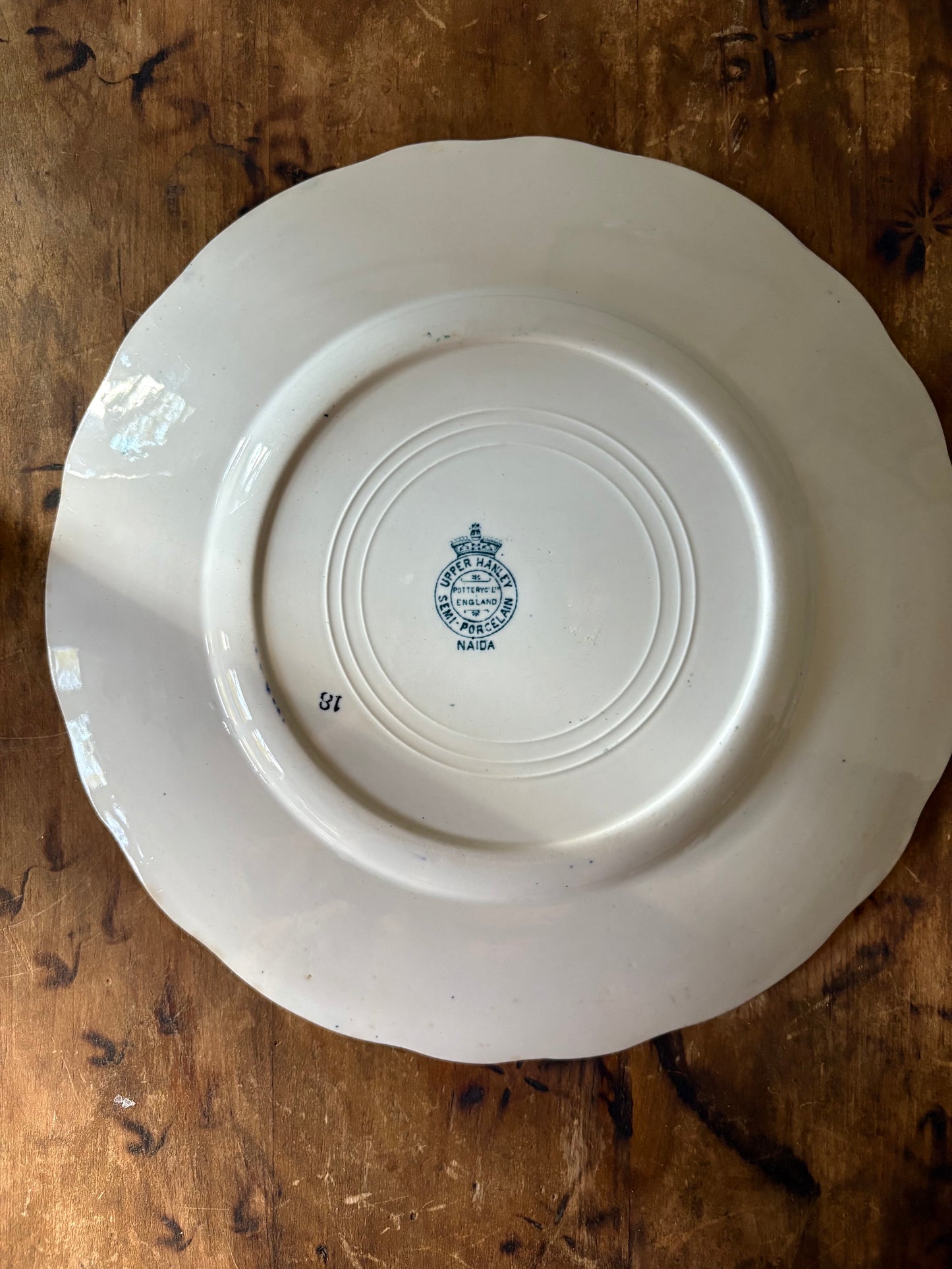 antique 10" blue transferware dinner plate 'Naida' by Upper Hanley Pottery