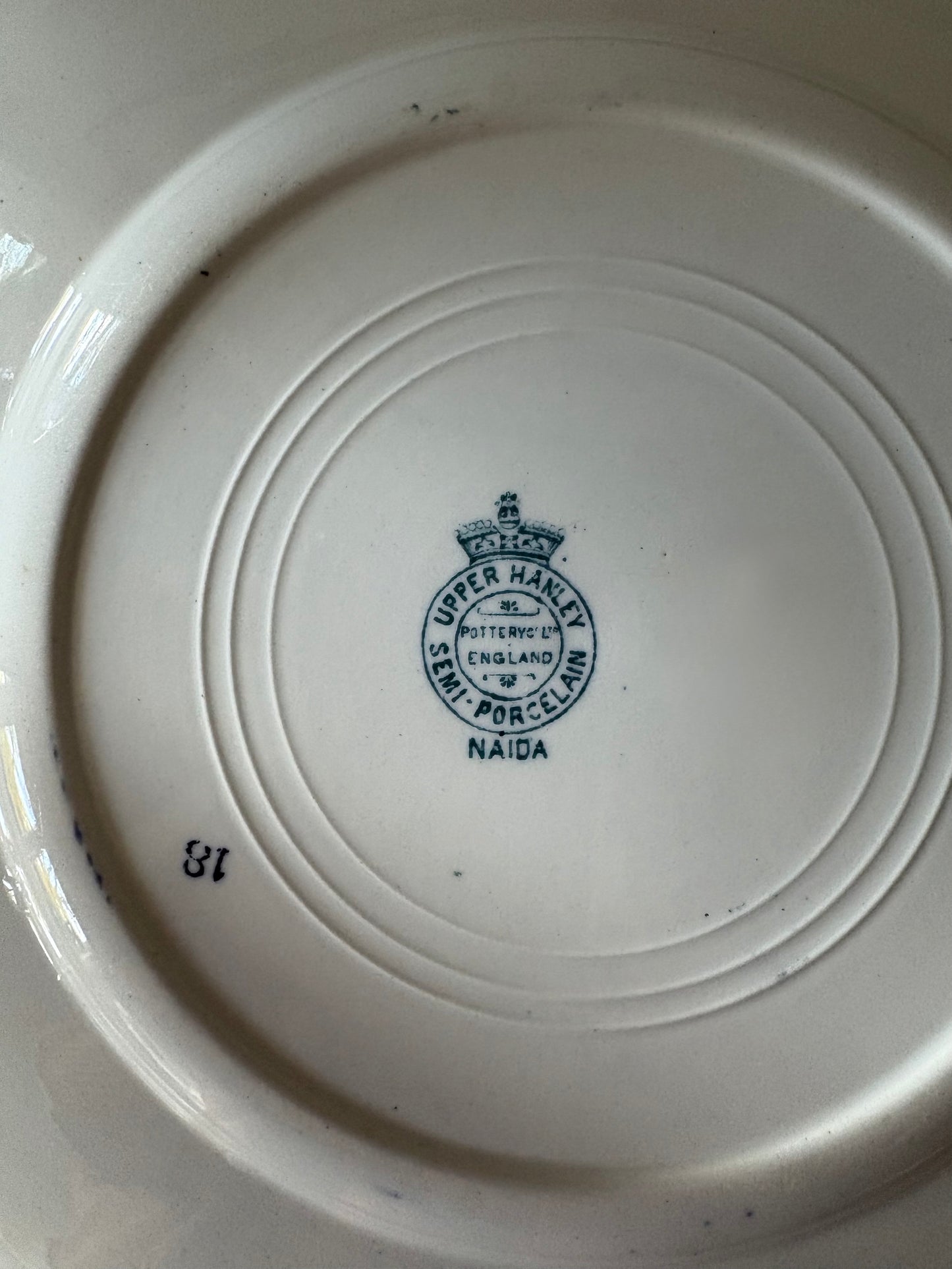 antique 10" blue transferware dinner plate 'Naida' by Upper Hanley Pottery