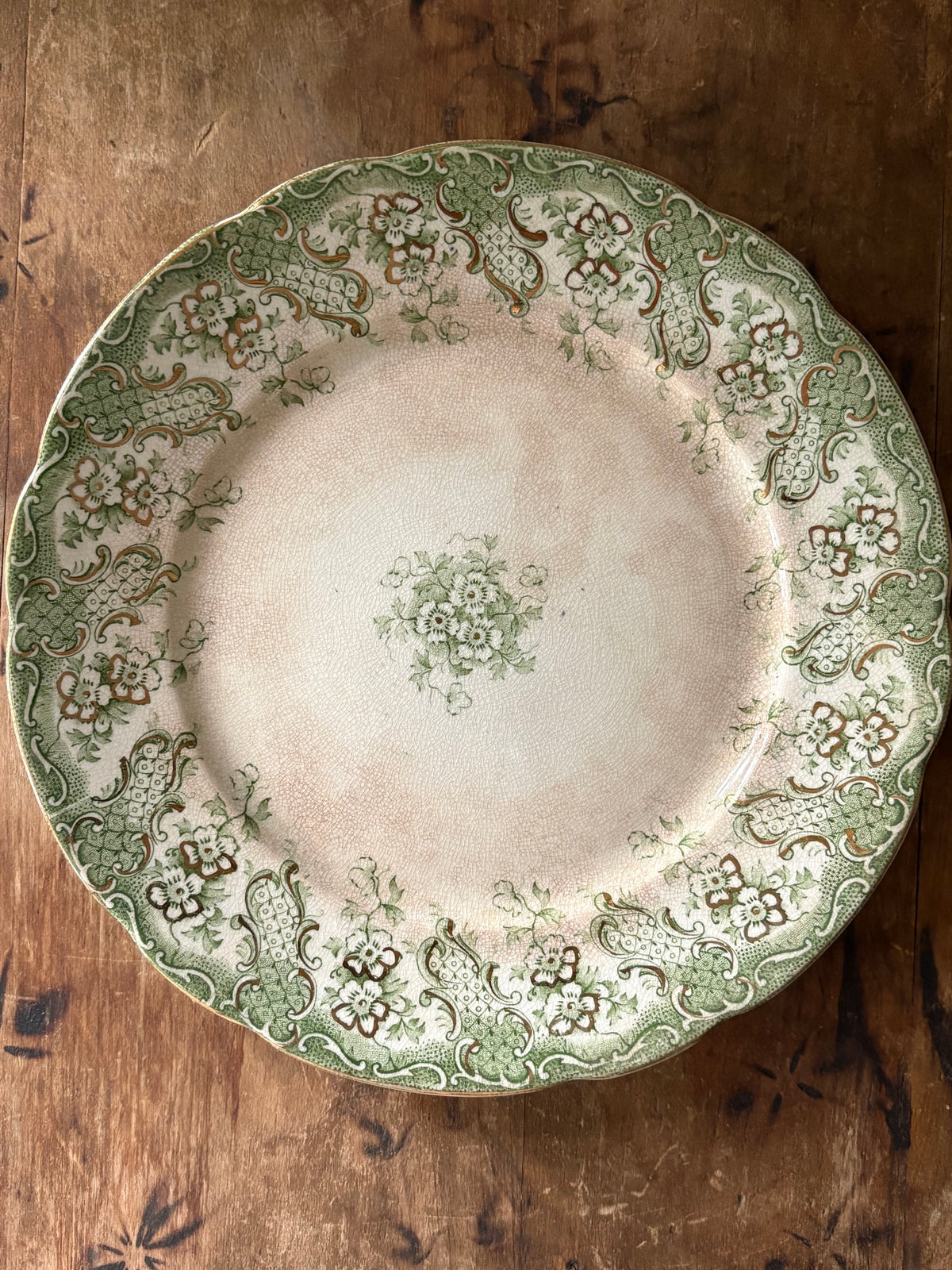 Antique English green transferware plate 'Florence' Upper Hanley Pottery