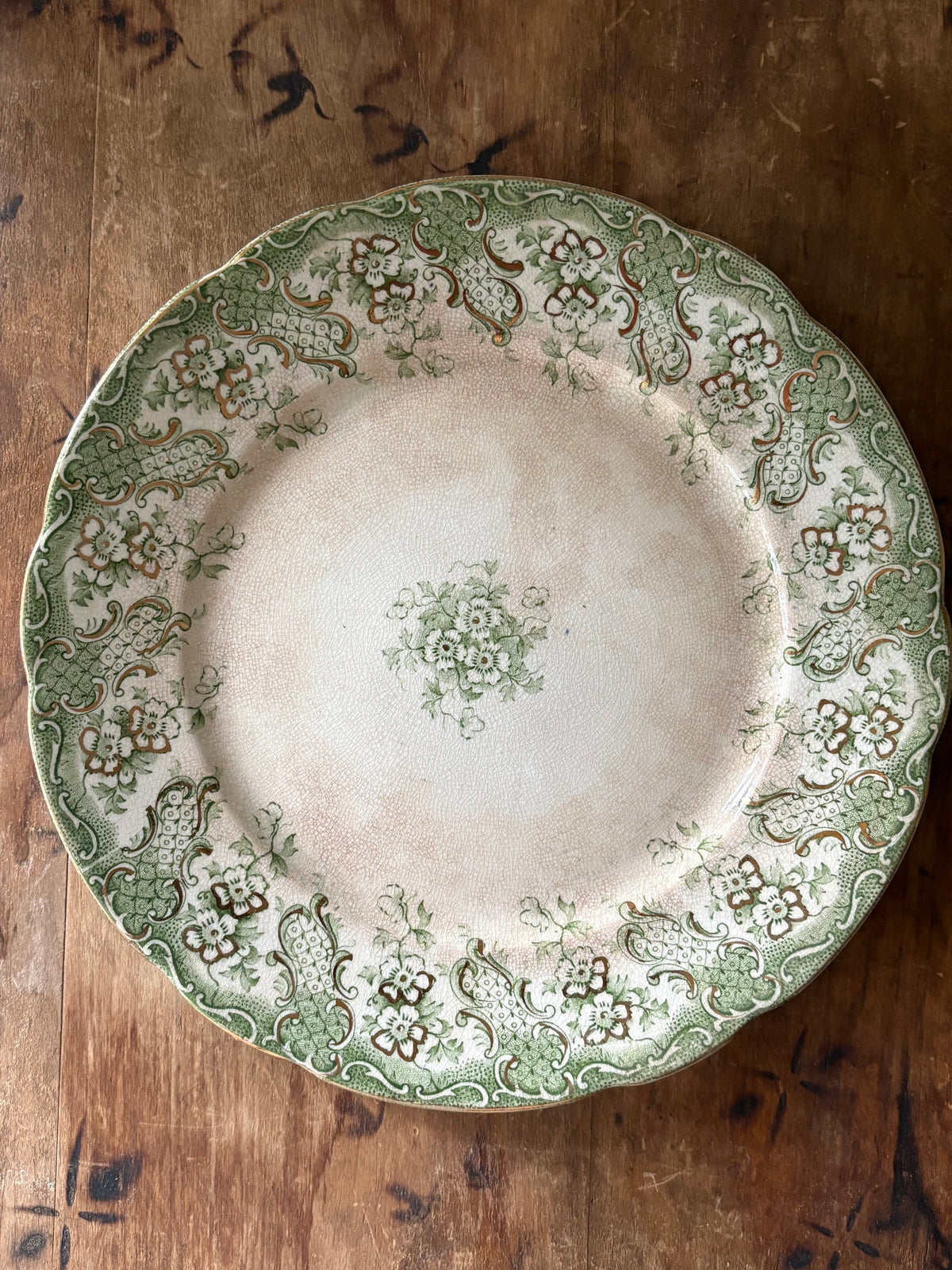 Antique English green transferware plate 'Florence' Upper Hanley Pottery