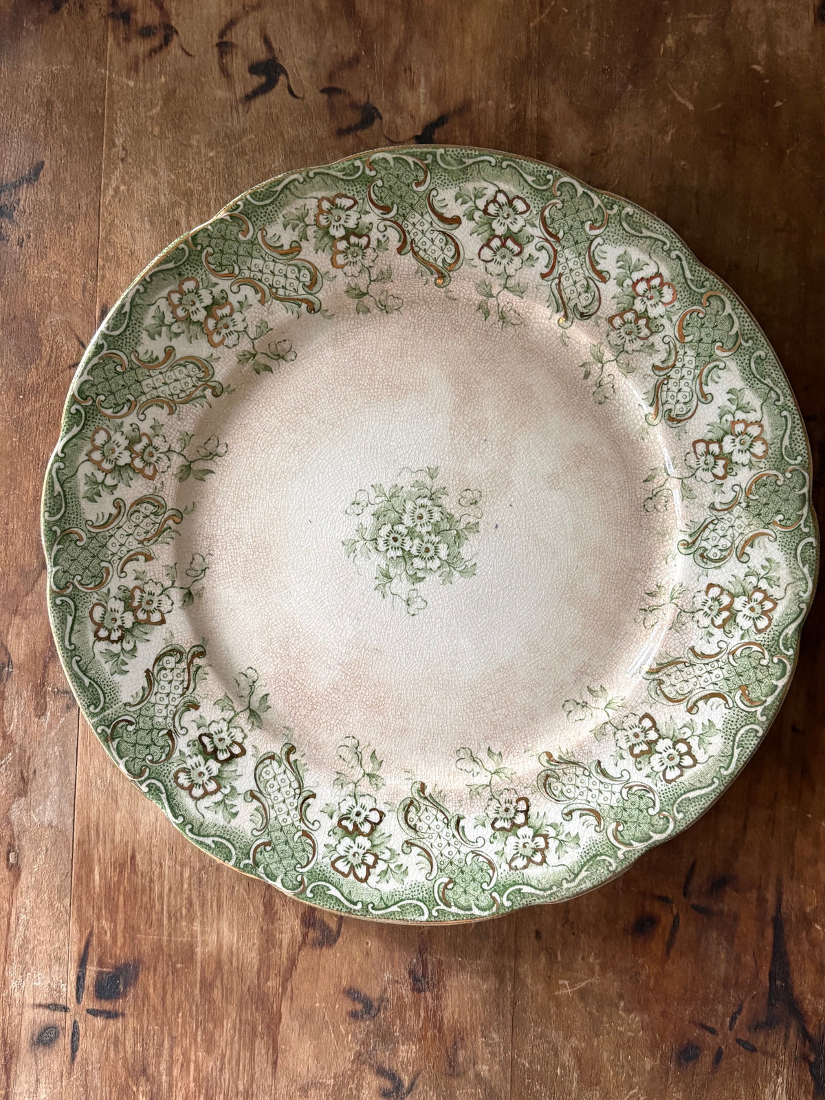 Antique English green transferware plate 'Florence' Upper Hanley Pottery