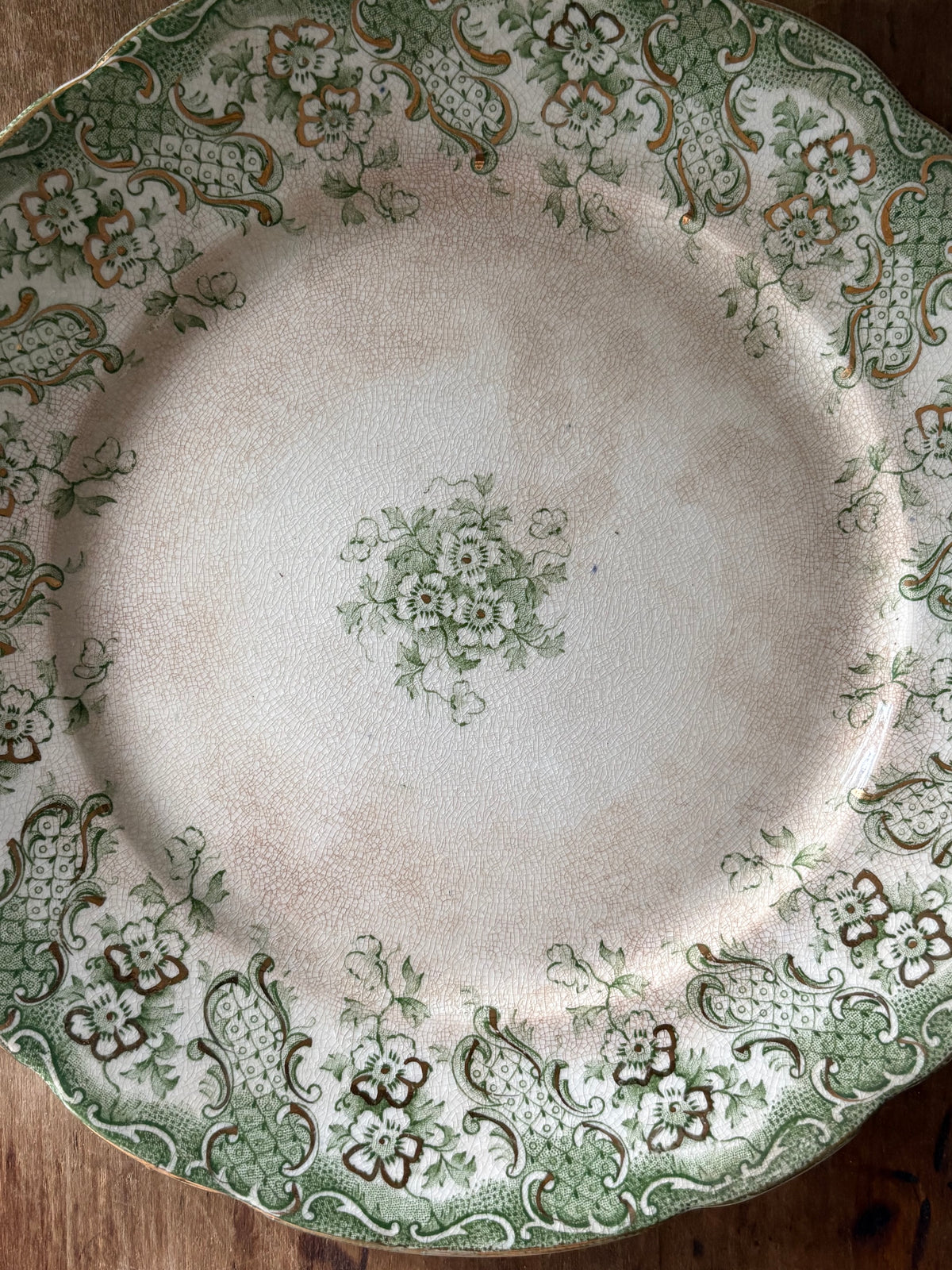 Antique English green transferware plate 'Florence' Upper Hanley Pottery
