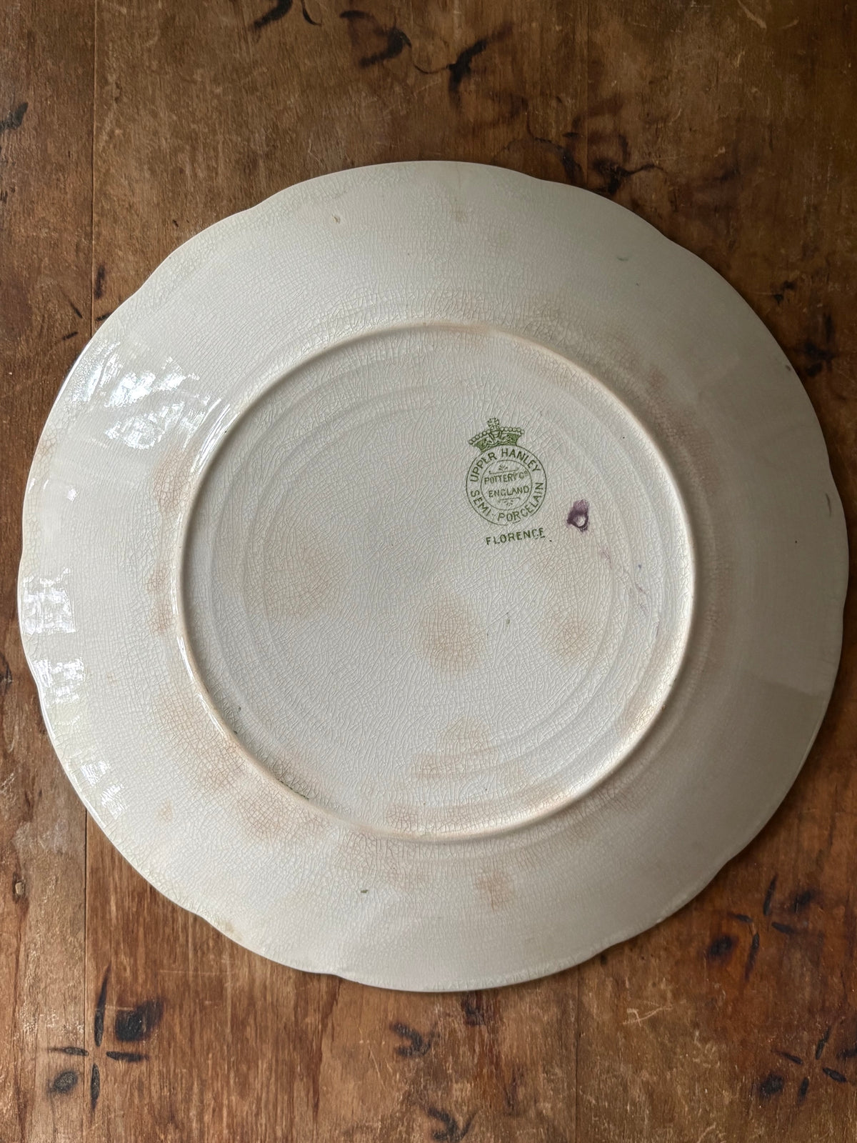Antique English green transferware plate 'Florence' Upper Hanley Pottery