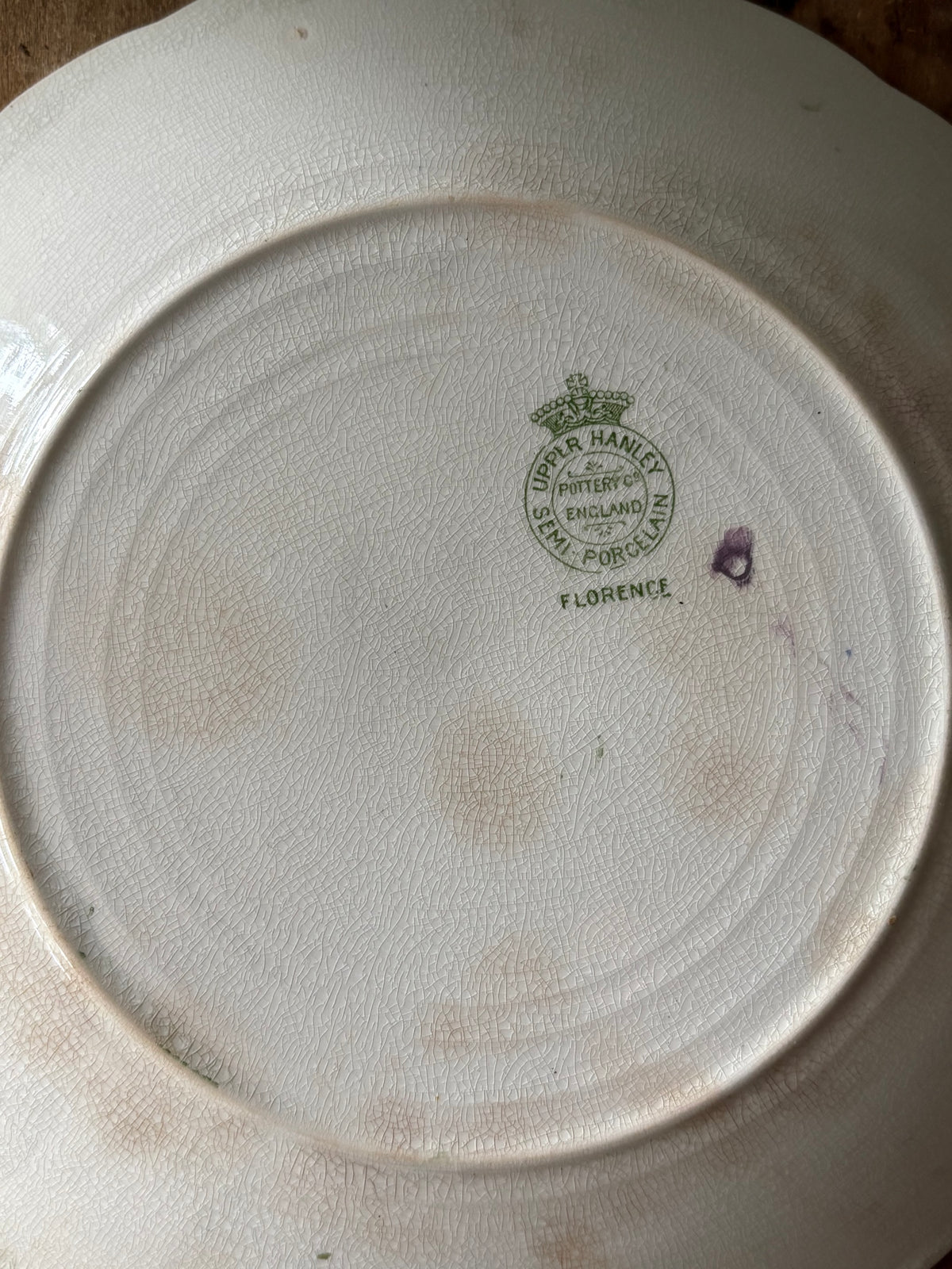 Antique English green transferware plate 'Florence' Upper Hanley Pottery