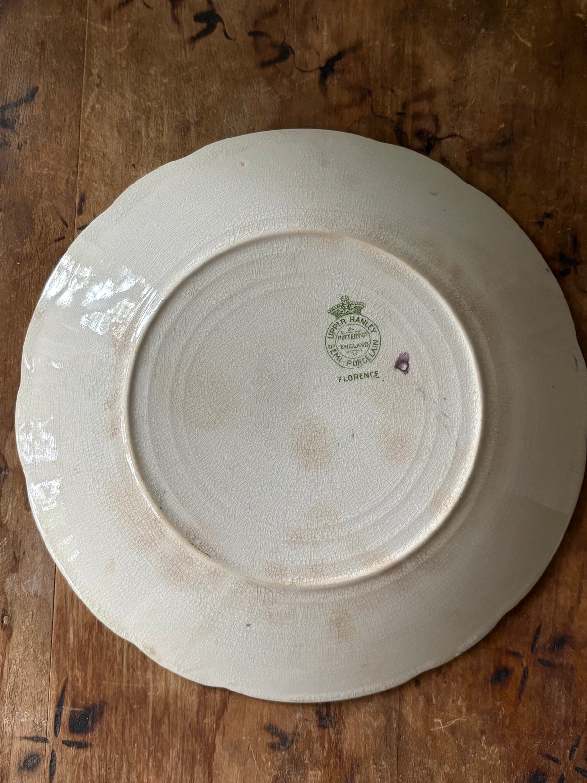 Antique English green transferware plate 'Florence' Upper Hanley Pottery