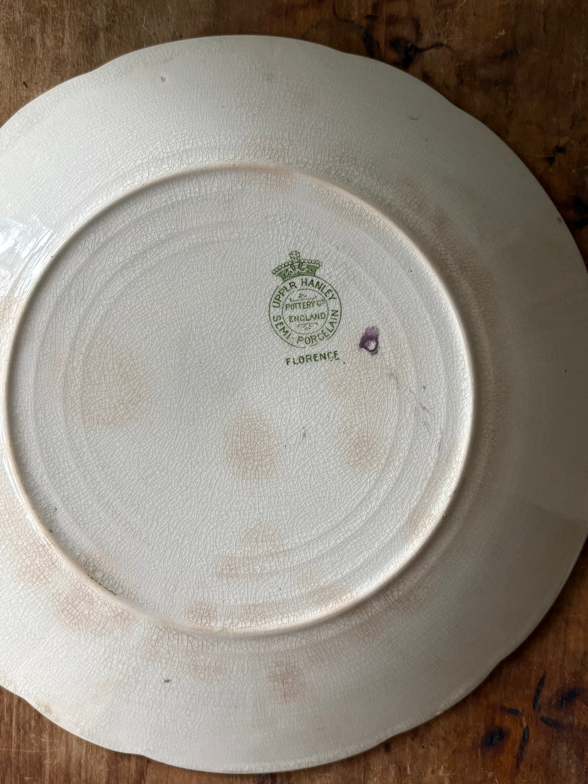 Antique English green transferware plate 'Florence' Upper Hanley Pottery