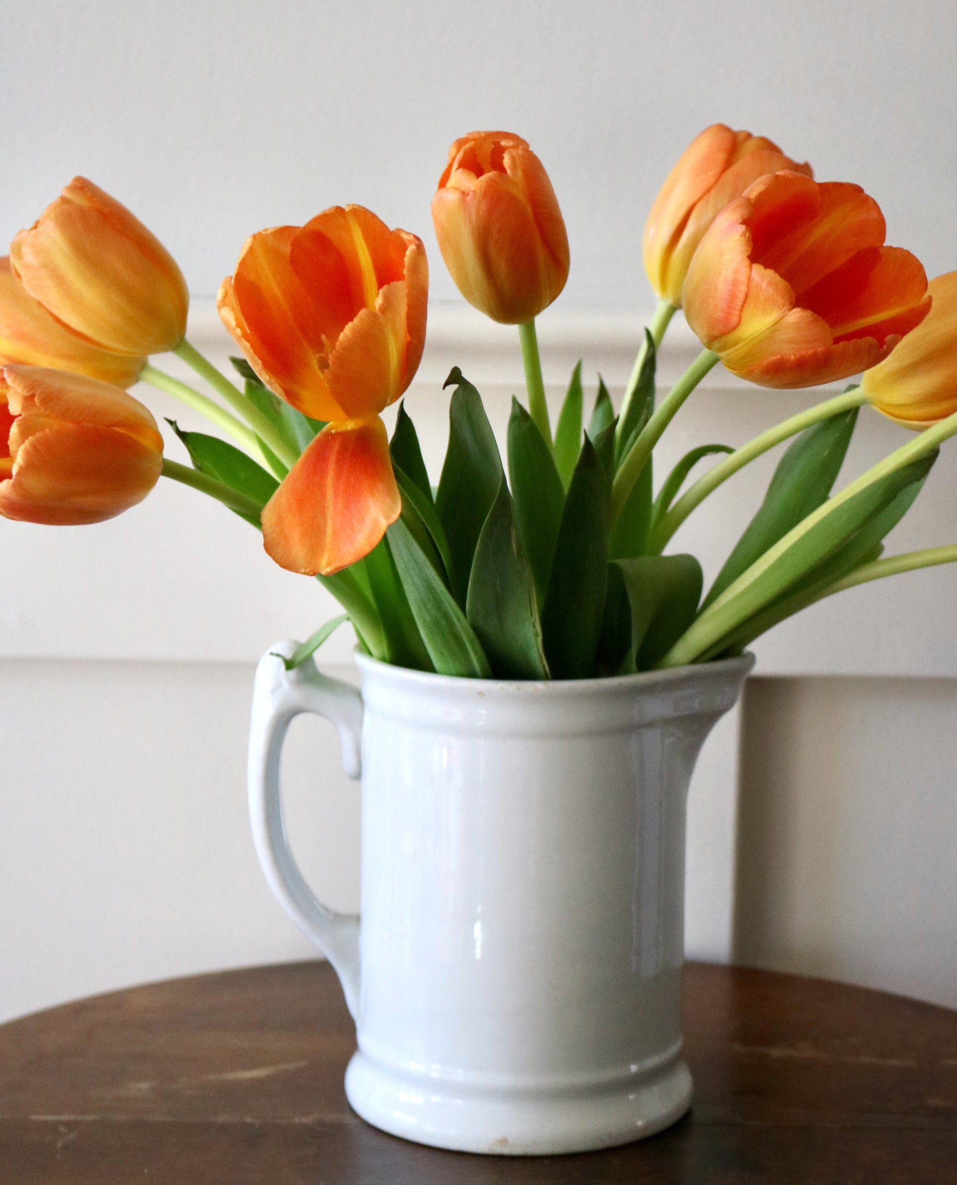 antique English white ironstone pitcher, Alfred Meakin filled with tulips