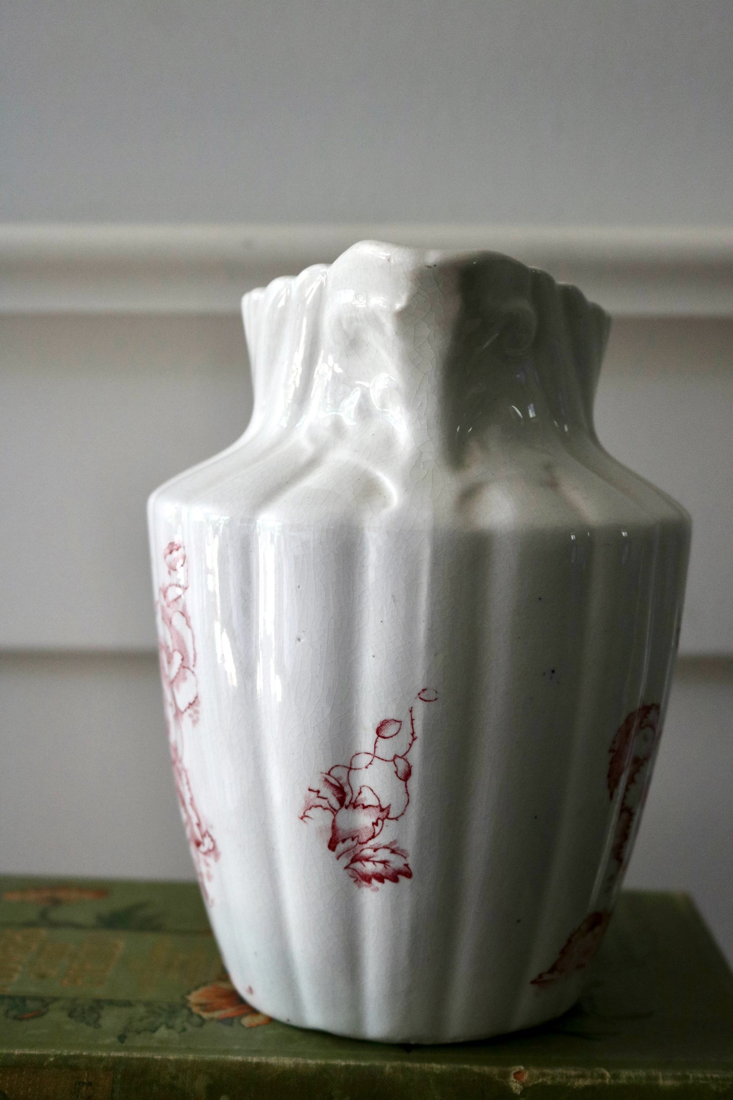 Antique cranberry transferware on white ironstone pitcher