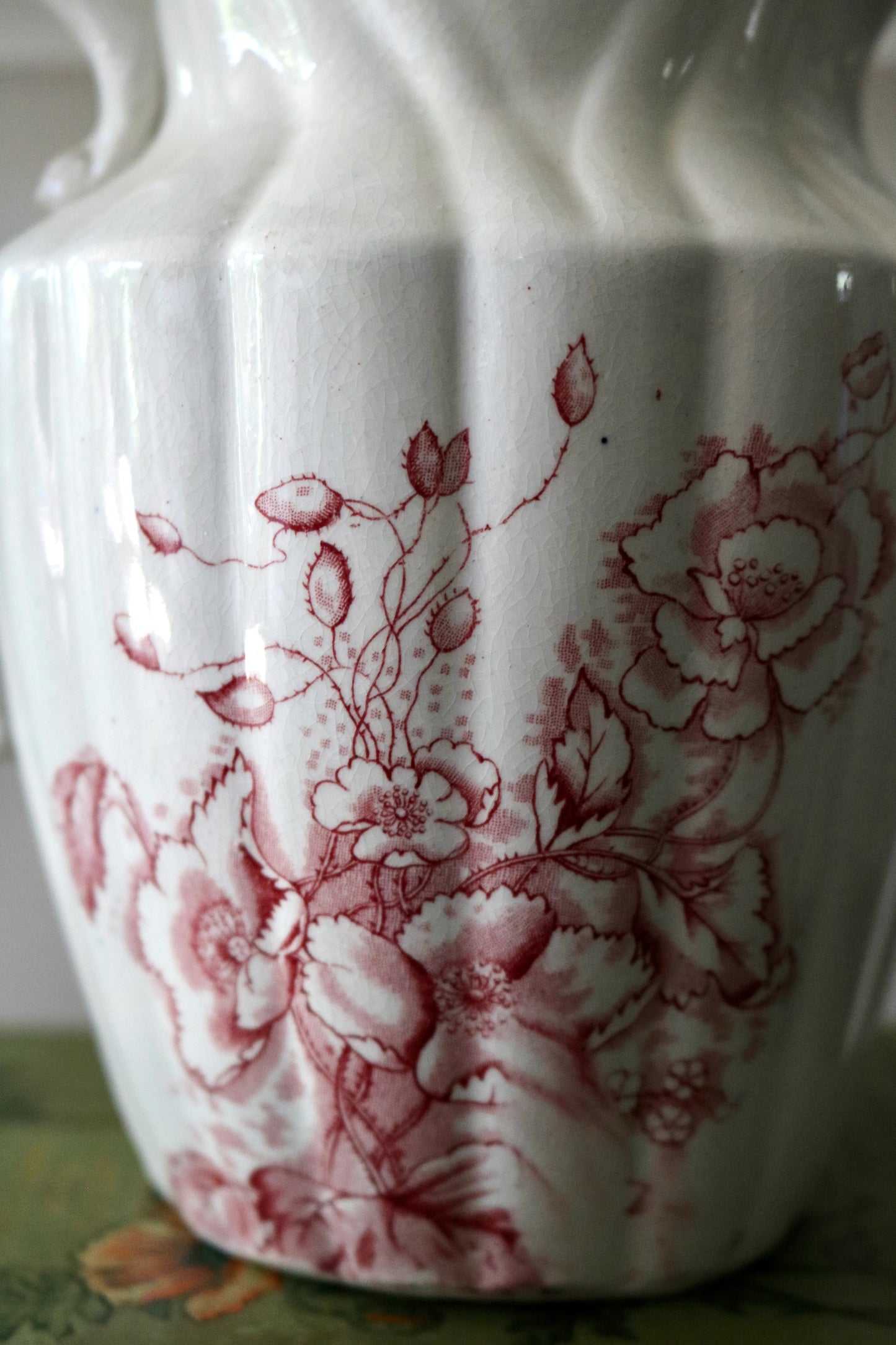 Antique cranberry transferware on white ironstone pitcher