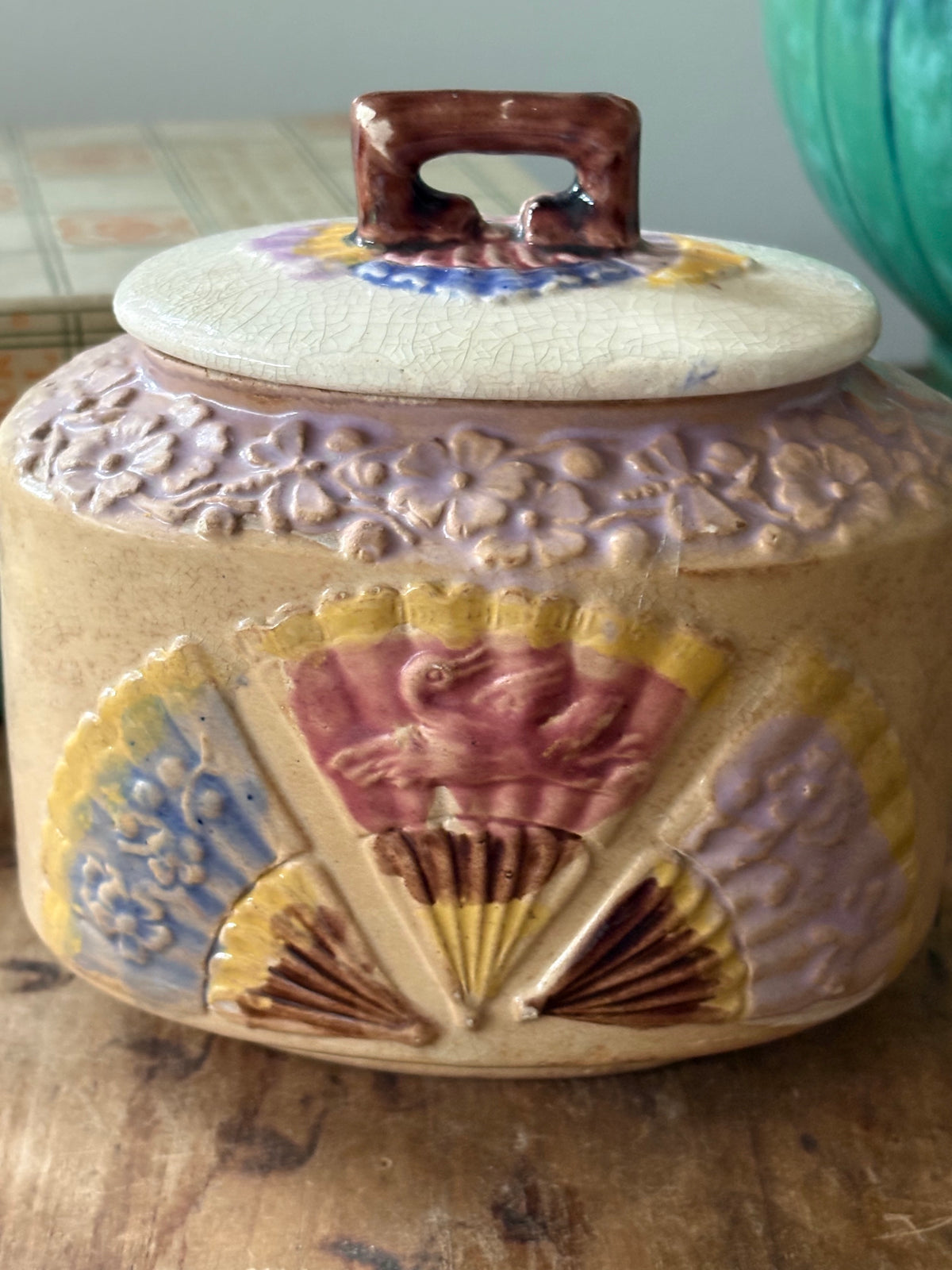 antique Victorian-era English Majolica lidded bowl
