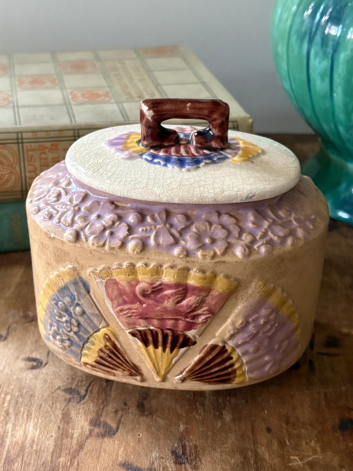 antique Victorian-era English Majolica lidded bowl