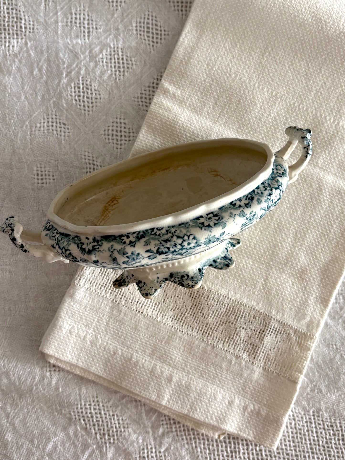 antique 19th century teal blue transferware serving dish / tureen