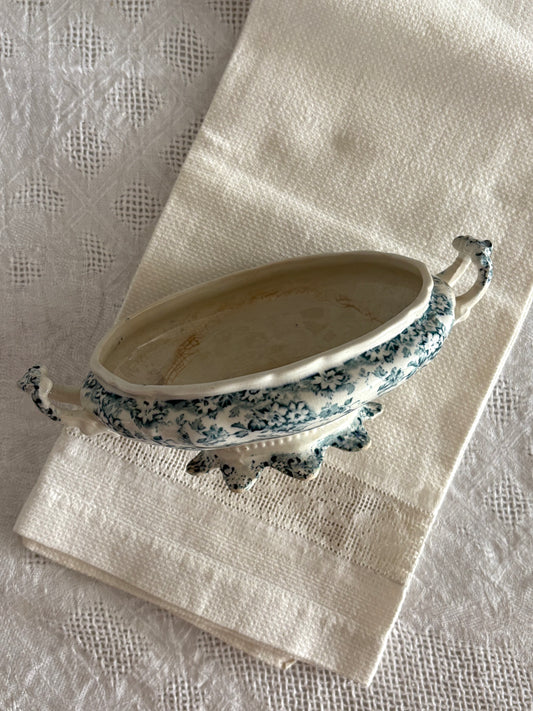 antique 19th century teal blue transferware serving dish / tureen