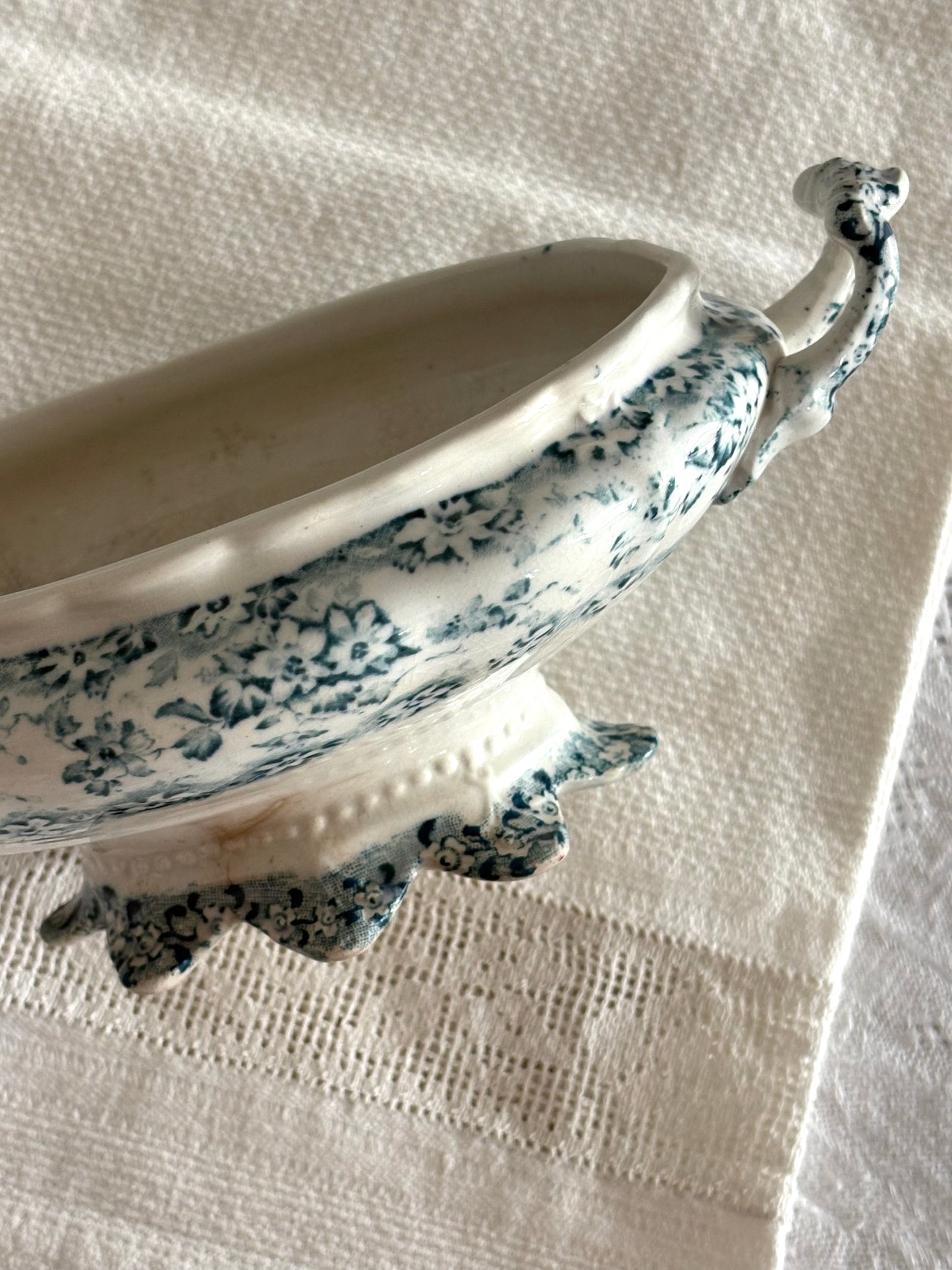 antique 19th century teal blue transferware serving dish / tureen