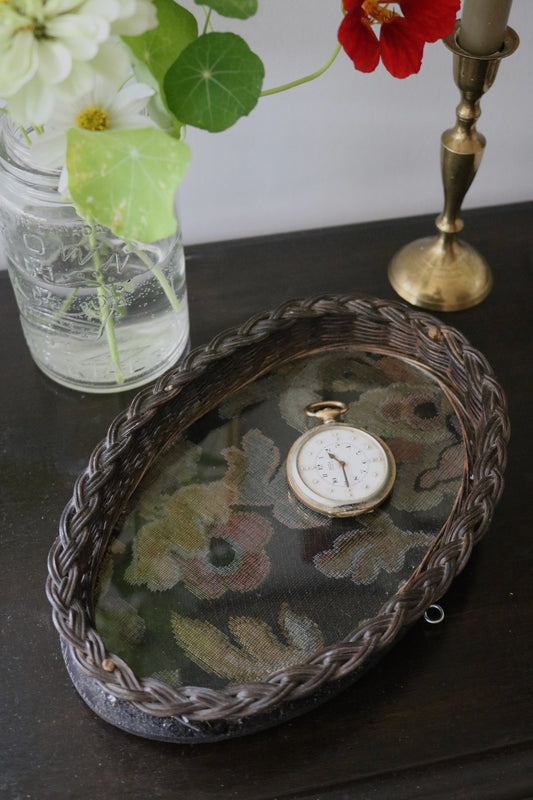 antique English wicker and glass tray