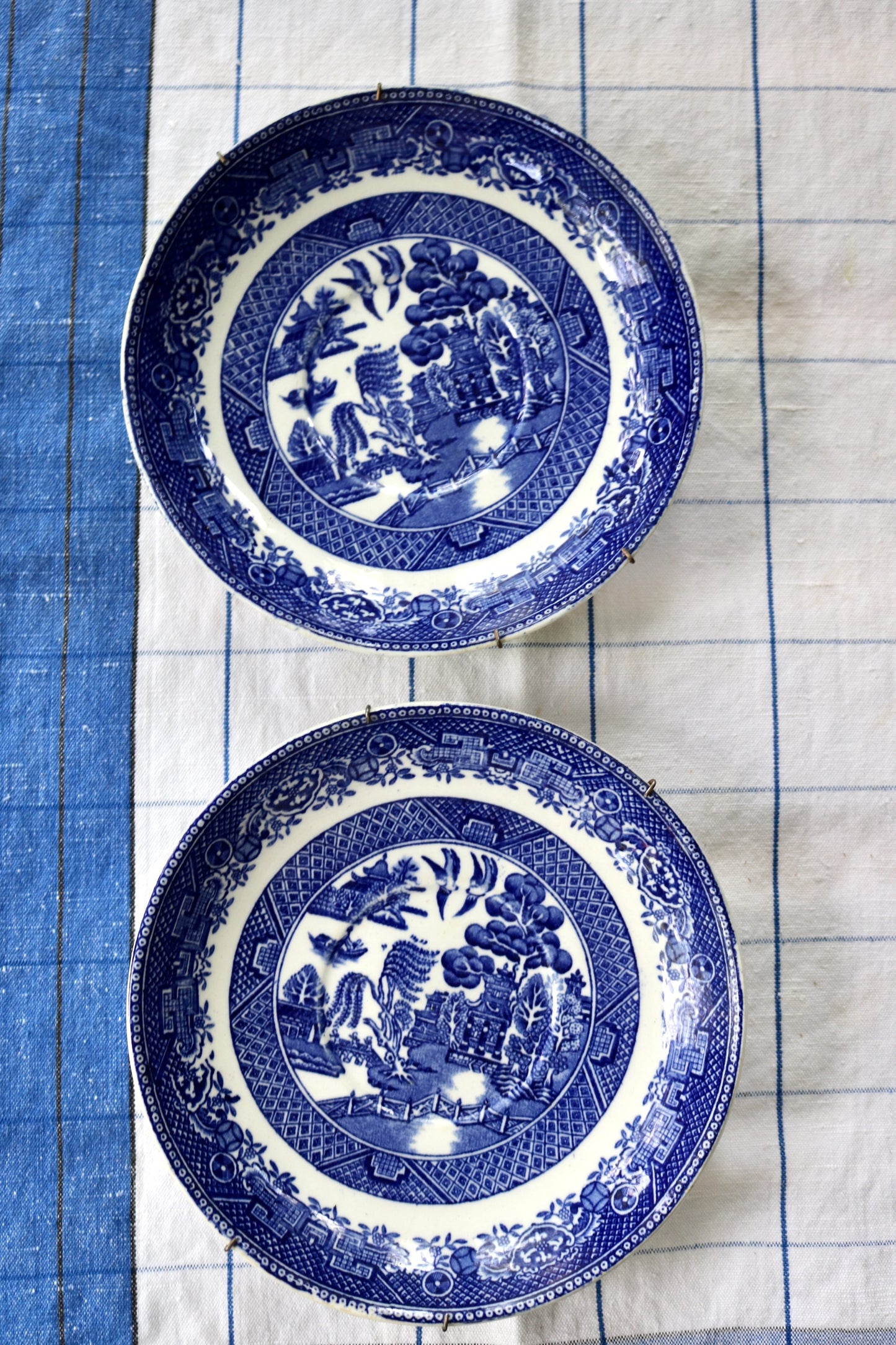 Antique Staffordshire Blue Willow Transfer Ware dishes, set of 2