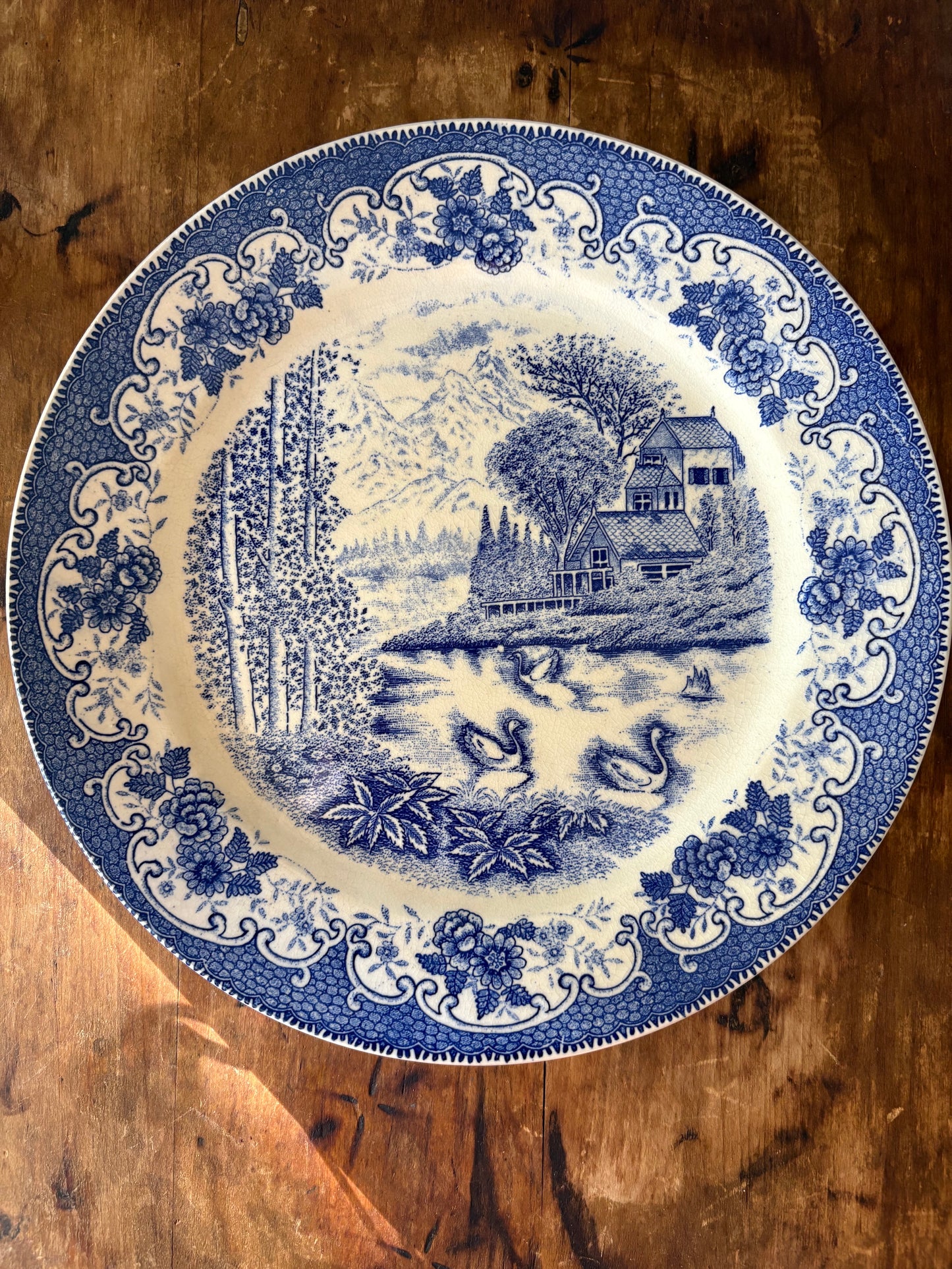 blue and white transferware plate