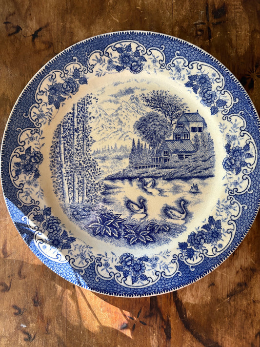 blue and white transferware plate