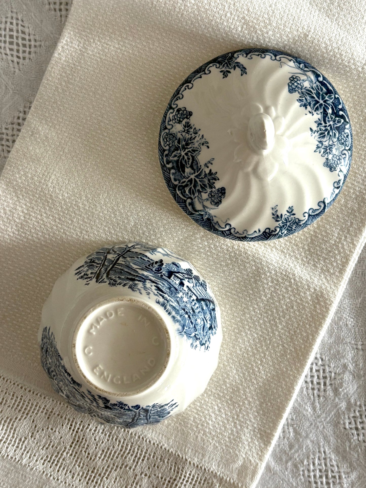 vintage English blue transferware bowl and lid