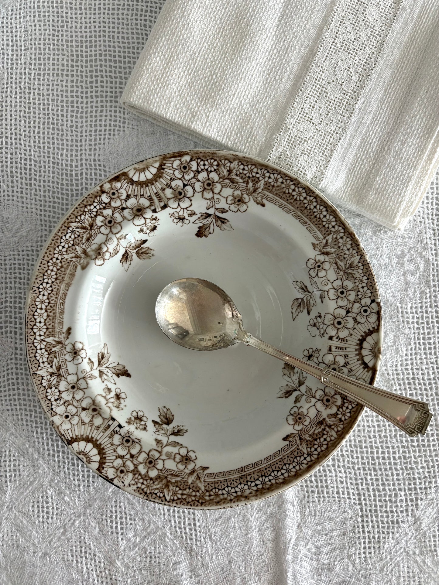 antique brown transferware "Foley" pattern soup bowl