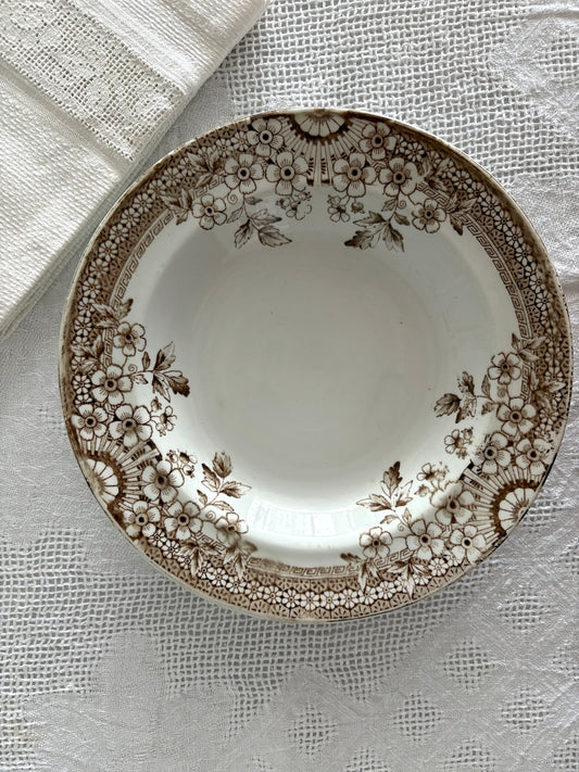 antique brown transferware "Foley" pattern soup bowl