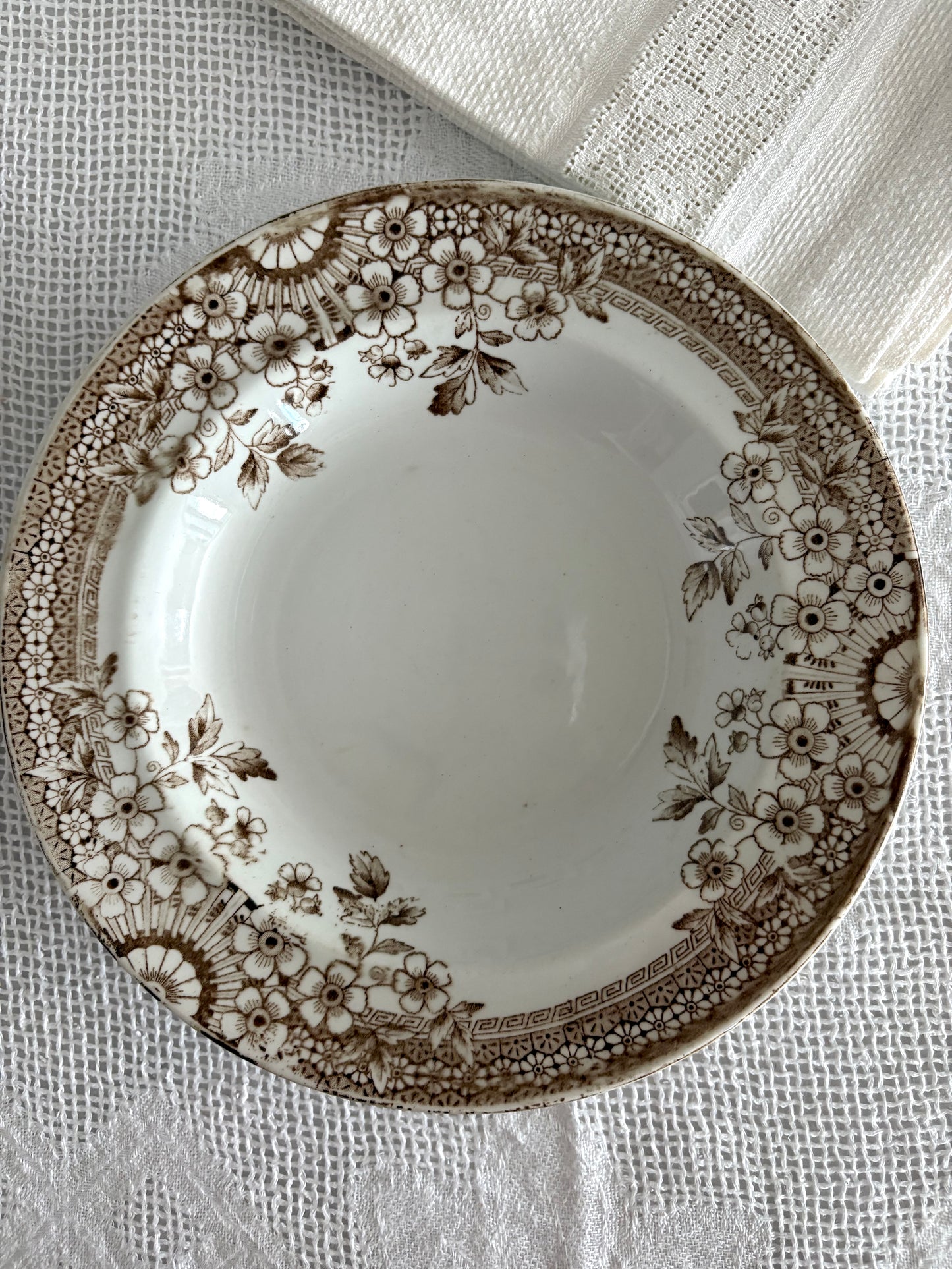 antique brown transferware "Foley" pattern soup bowl