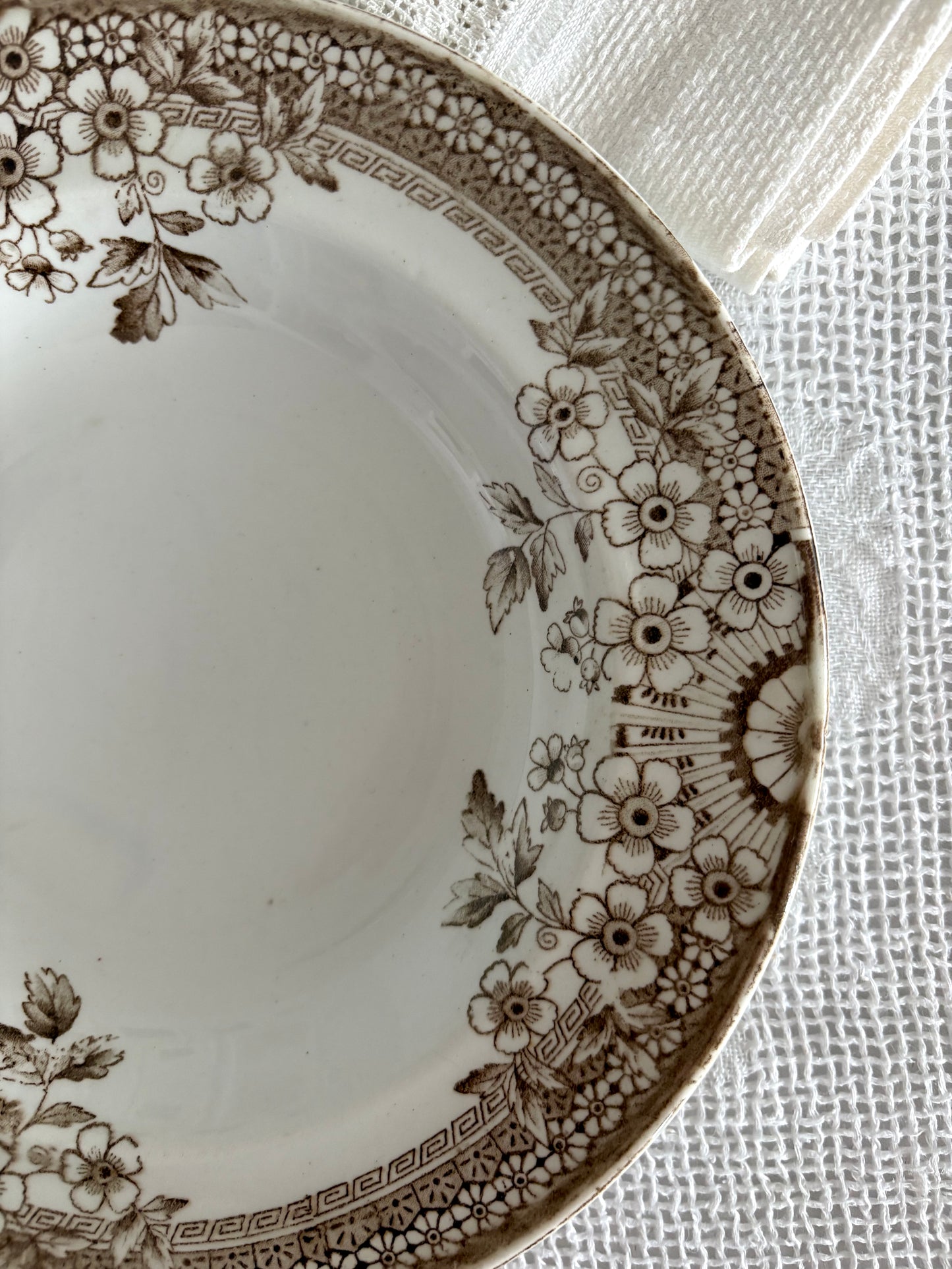 antique brown transferware "Foley" pattern soup bowl