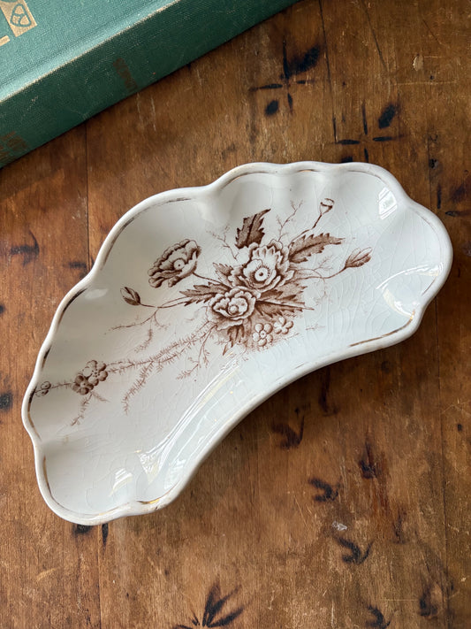 brown transferware crescent shaped dish Royal Ironstone China  'AJ Wilkinson'