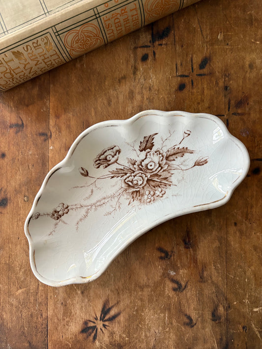 brown transferware crescent shaped dish Royal Ironstone China  'AJ Wilkinson'