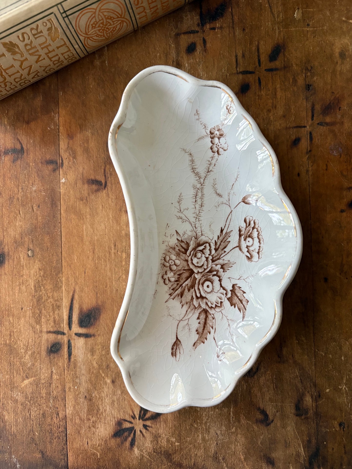 brown transferware crescent shaped dish Royal Ironstone China  'AJ Wilkinson'
