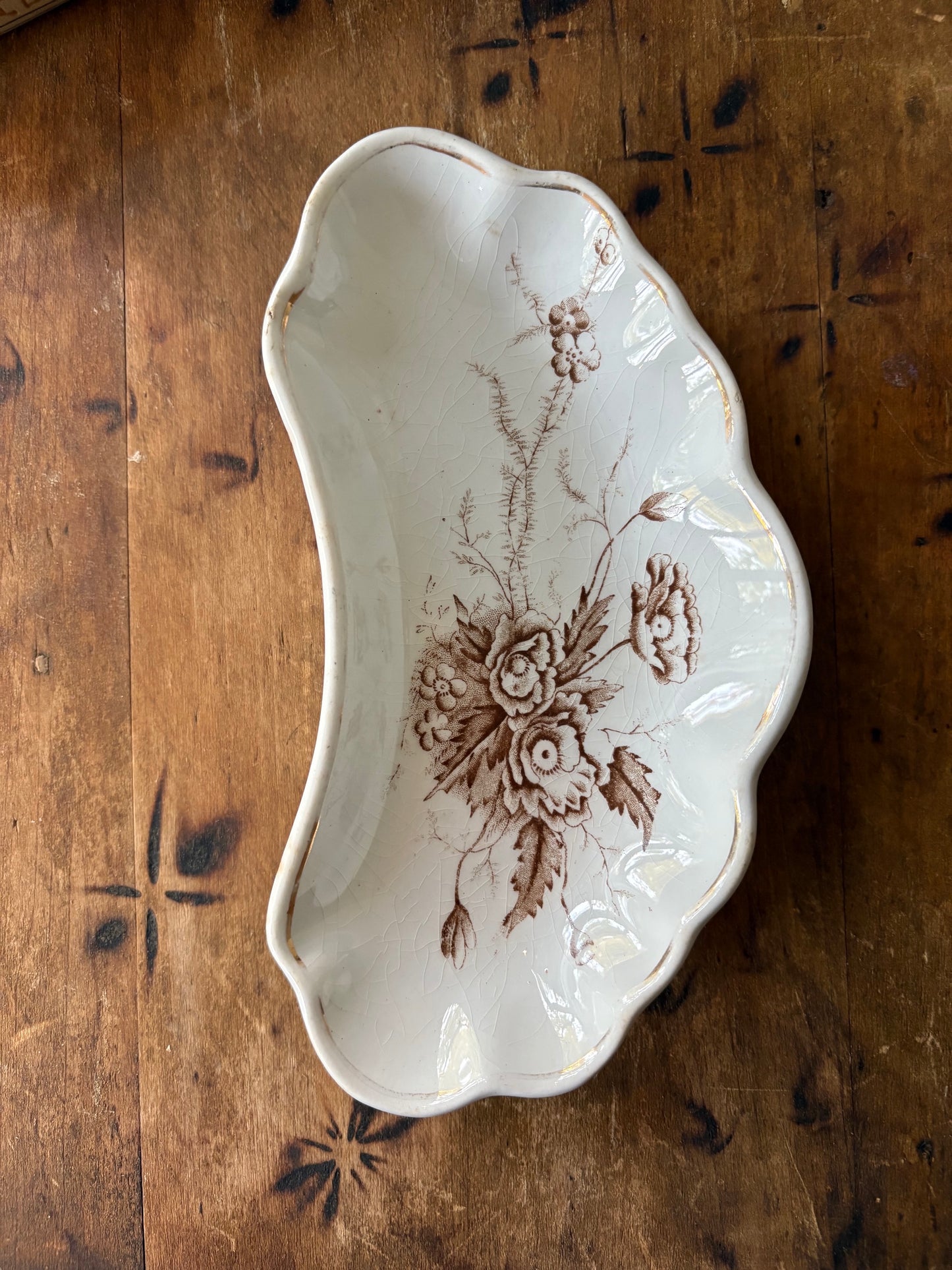 brown transferware crescent shaped dish Royal Ironstone China  'AJ Wilkinson'