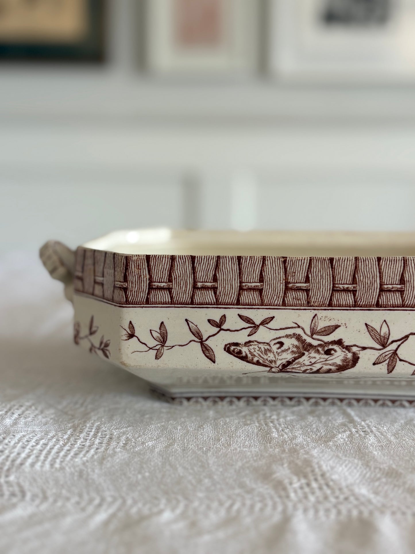 Brown transferware serving dish / tureen