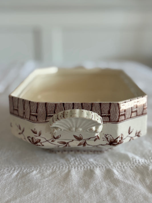 Brown transferware serving dish / tureen