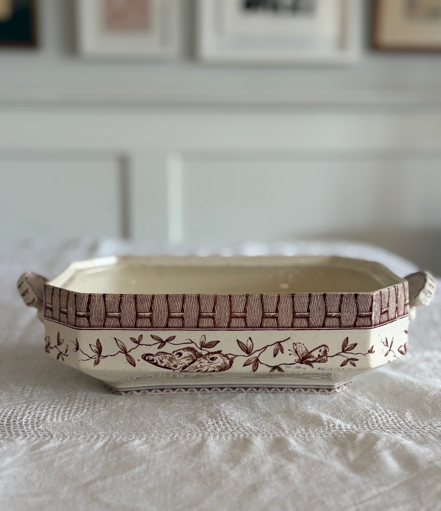 Brown transferware serving dish / tureen