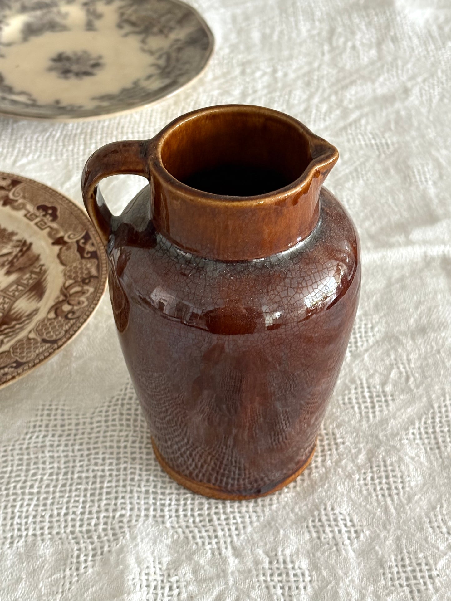 vintage brown glazed stoneware pitcher