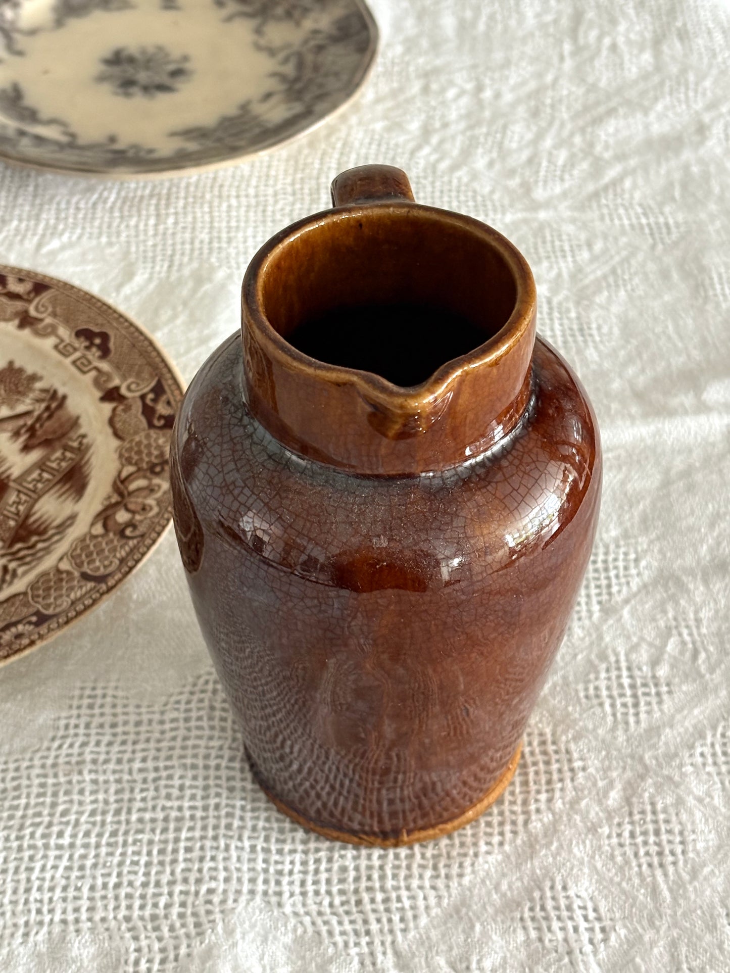 vintage brown glazed stoneware pitcher