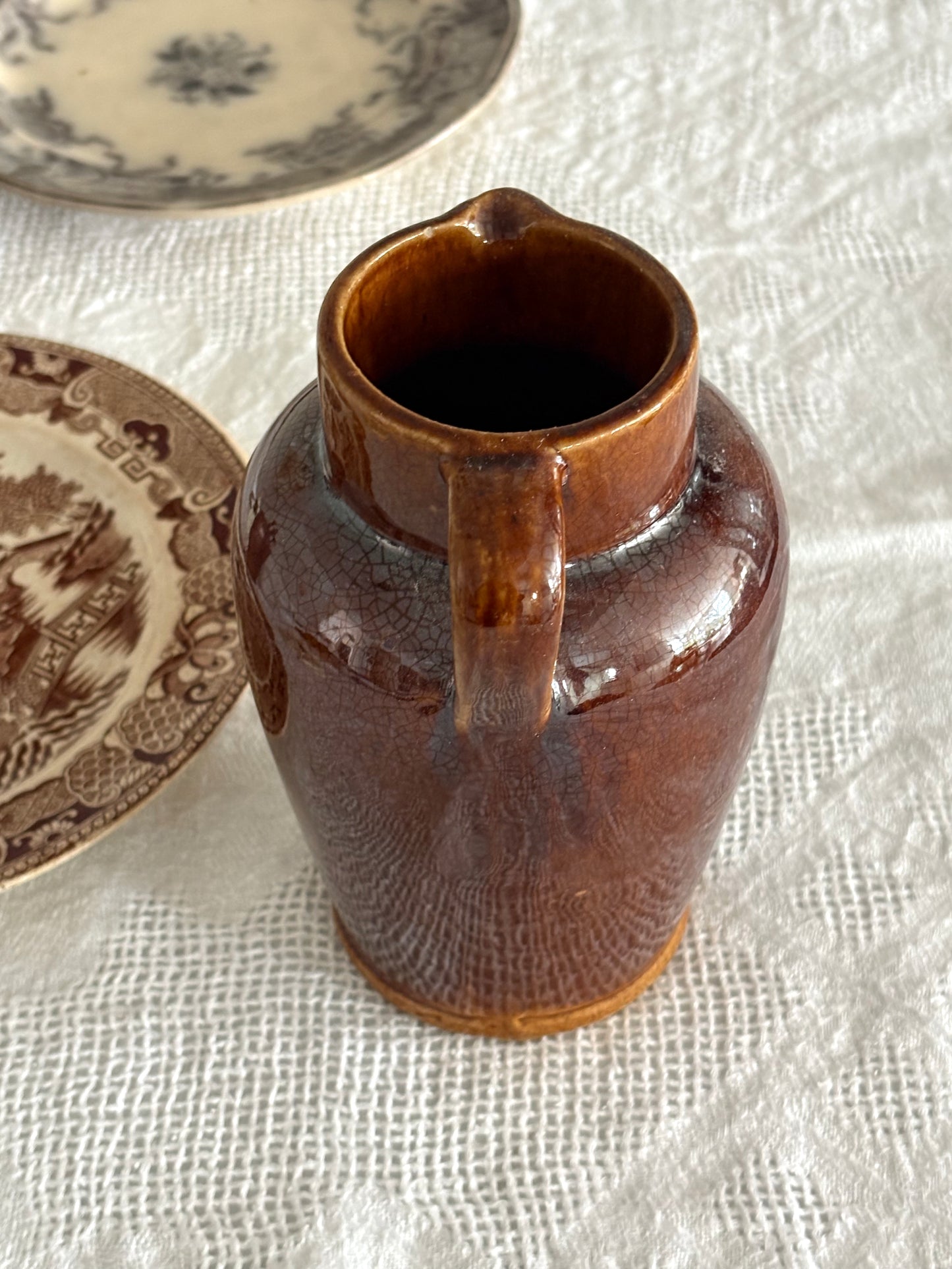 vintage brown glazed stoneware pitcher