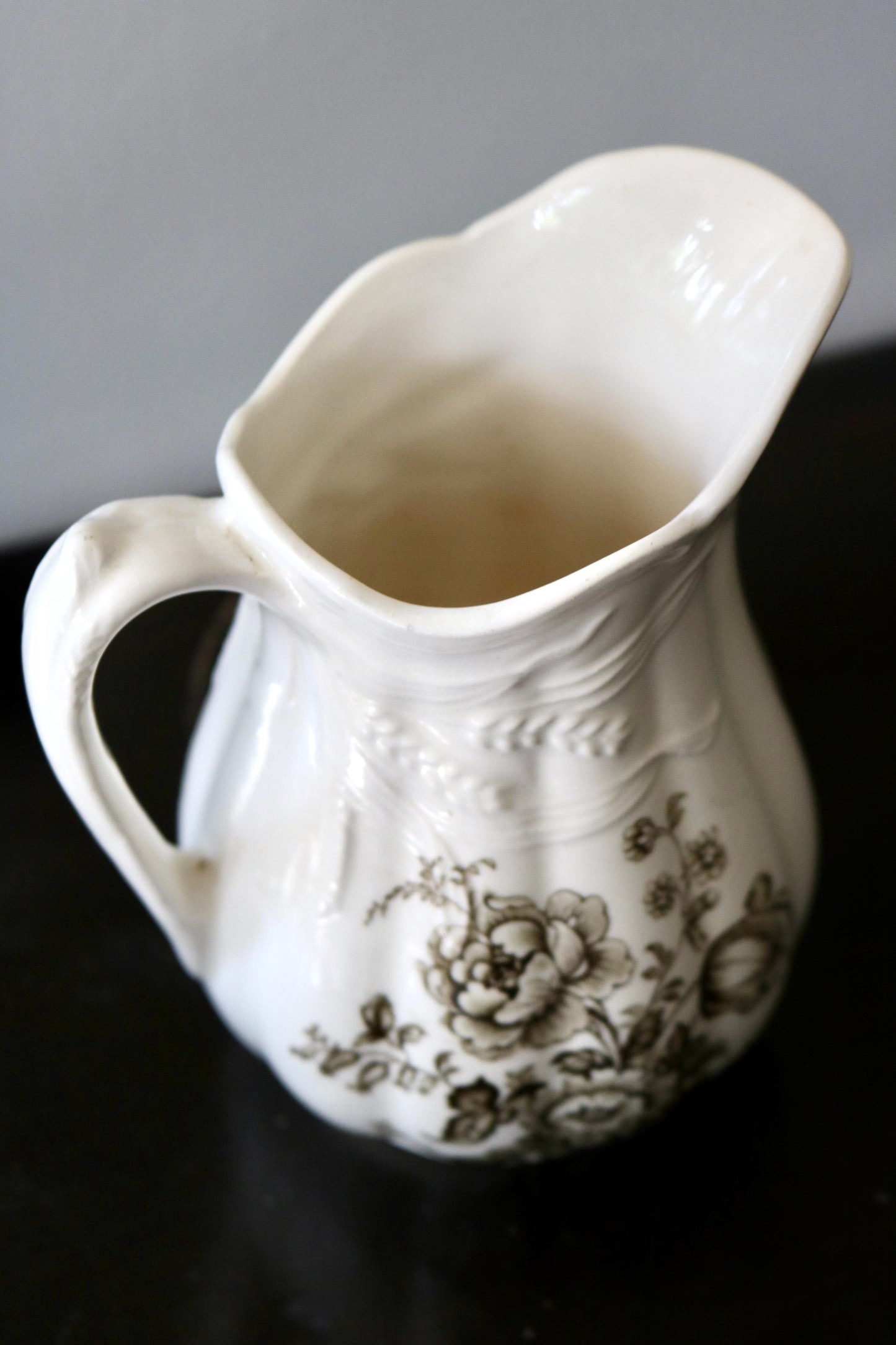 vintage English Royal Staffordshire “Charlotte” by Clarice Cliff brown floral pattern pitcher