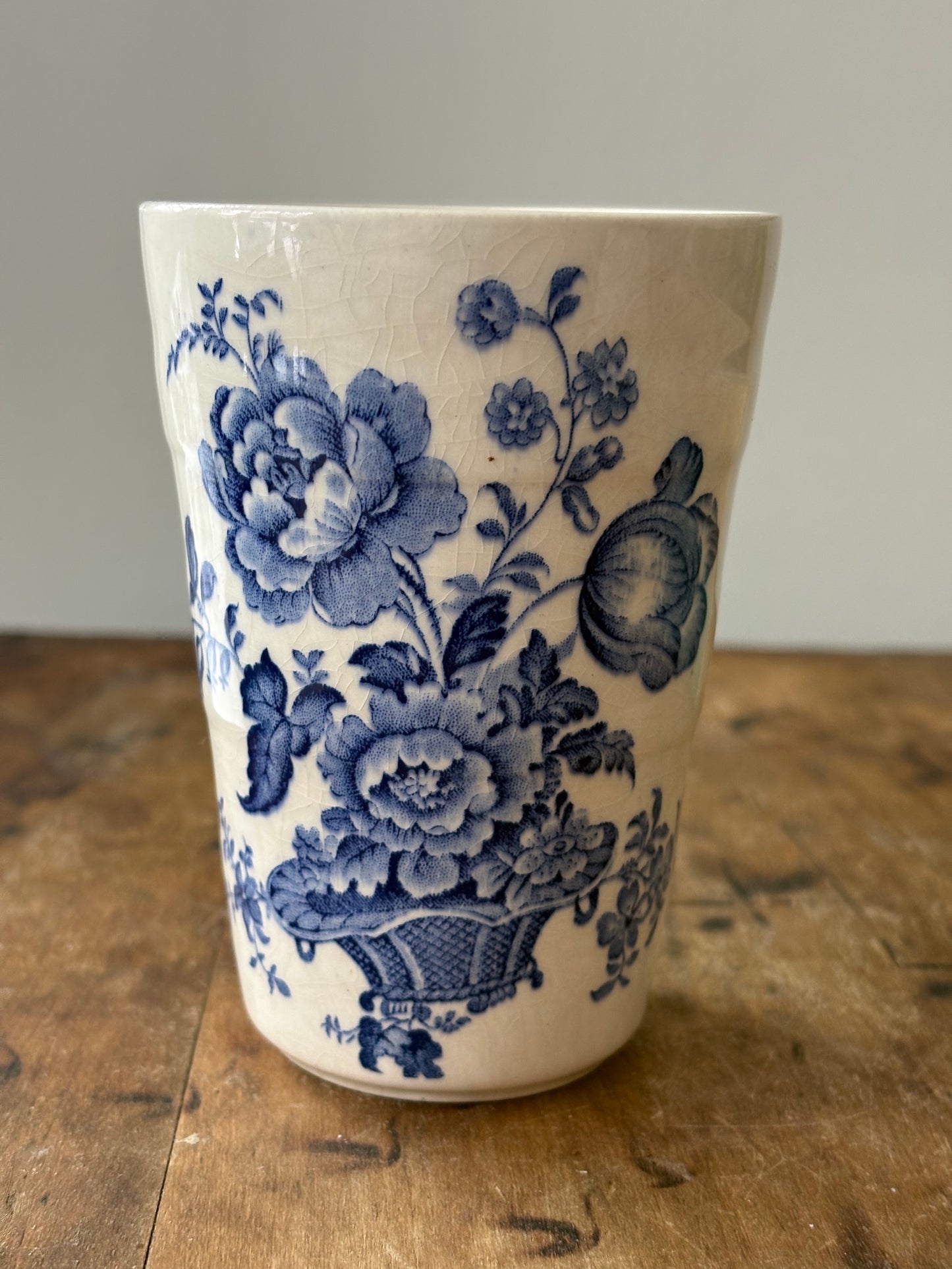 antique blue floral transferware ironstone toothbrush holder 'Crown Devon' Fieldings Staffordshire