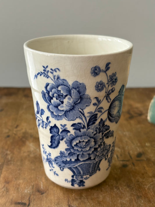 antique blue floral transferware ironstone toothbrush holder 'Crown Devon' Fieldings Staffordshire