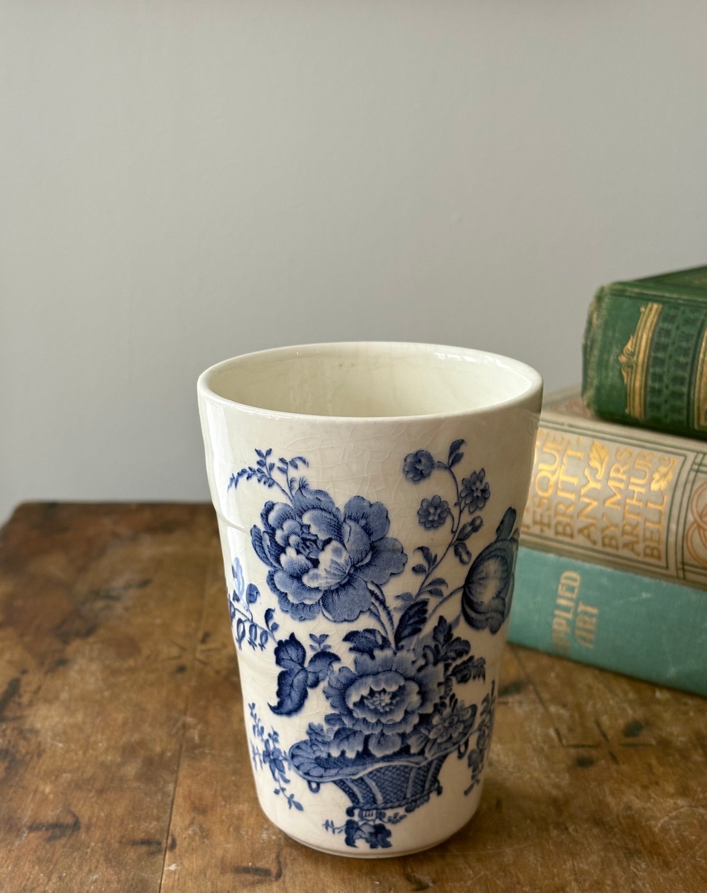 antique blue floral transferware ironstone toothbrush holder 'Crown Devon' Fieldings Staffordshire