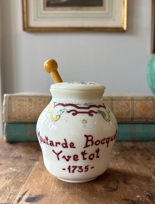 vintage French mustard jar 'Moutarde Bocquet Yvetot 1735'