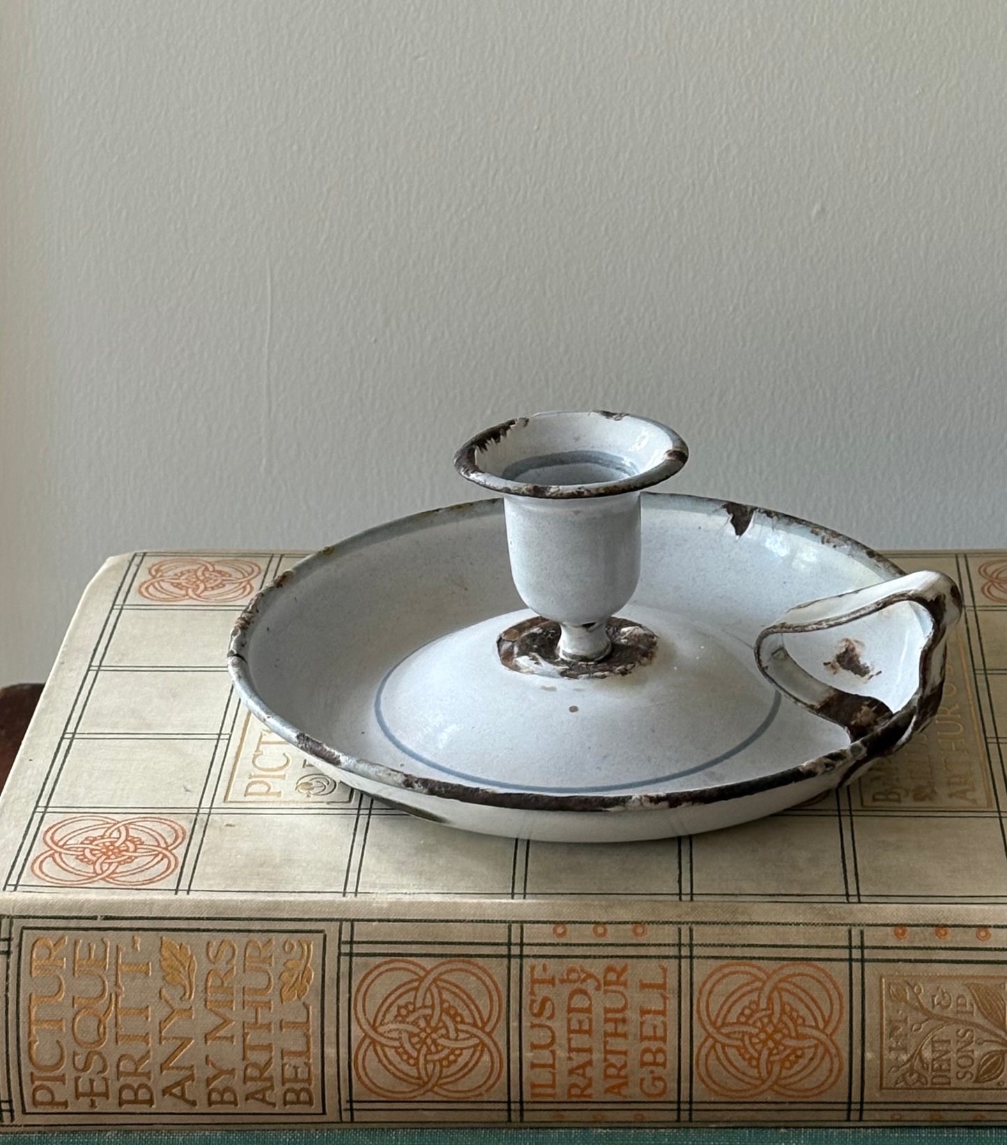 French white enamel chamberstick candleholder